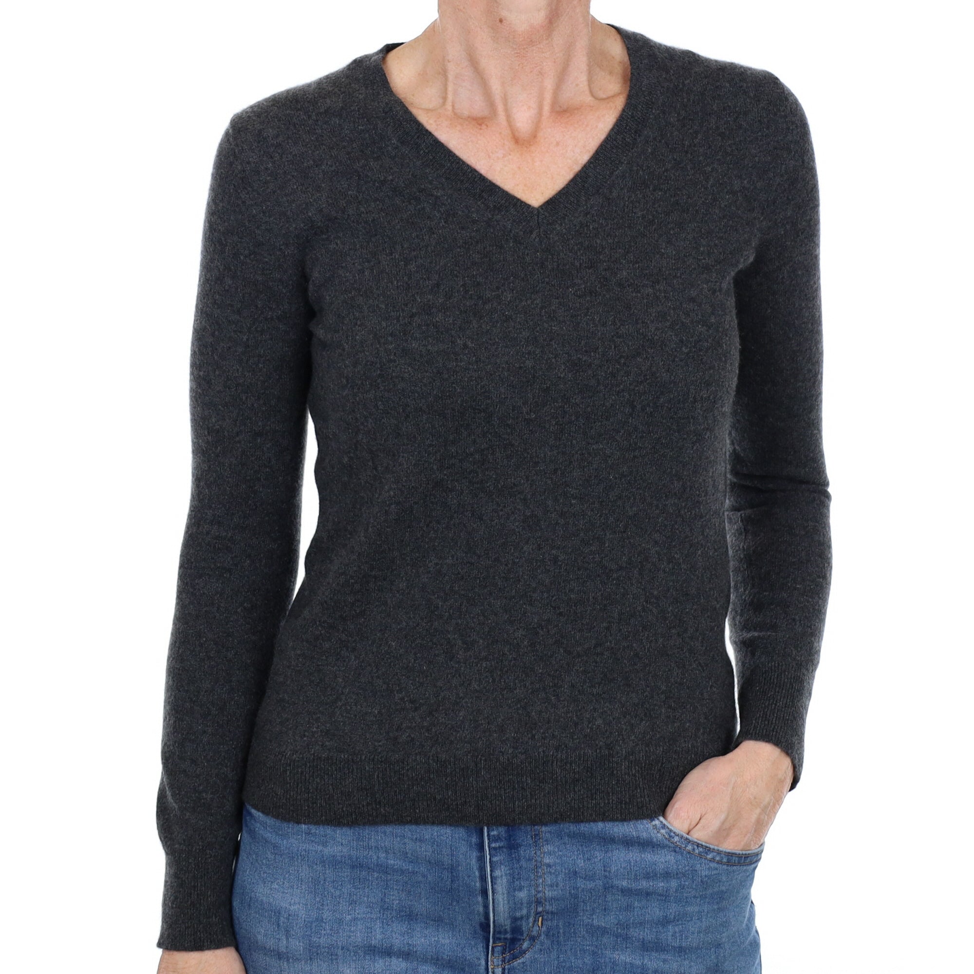 Charcoal Grey Cashmere V Neck Jumper Small