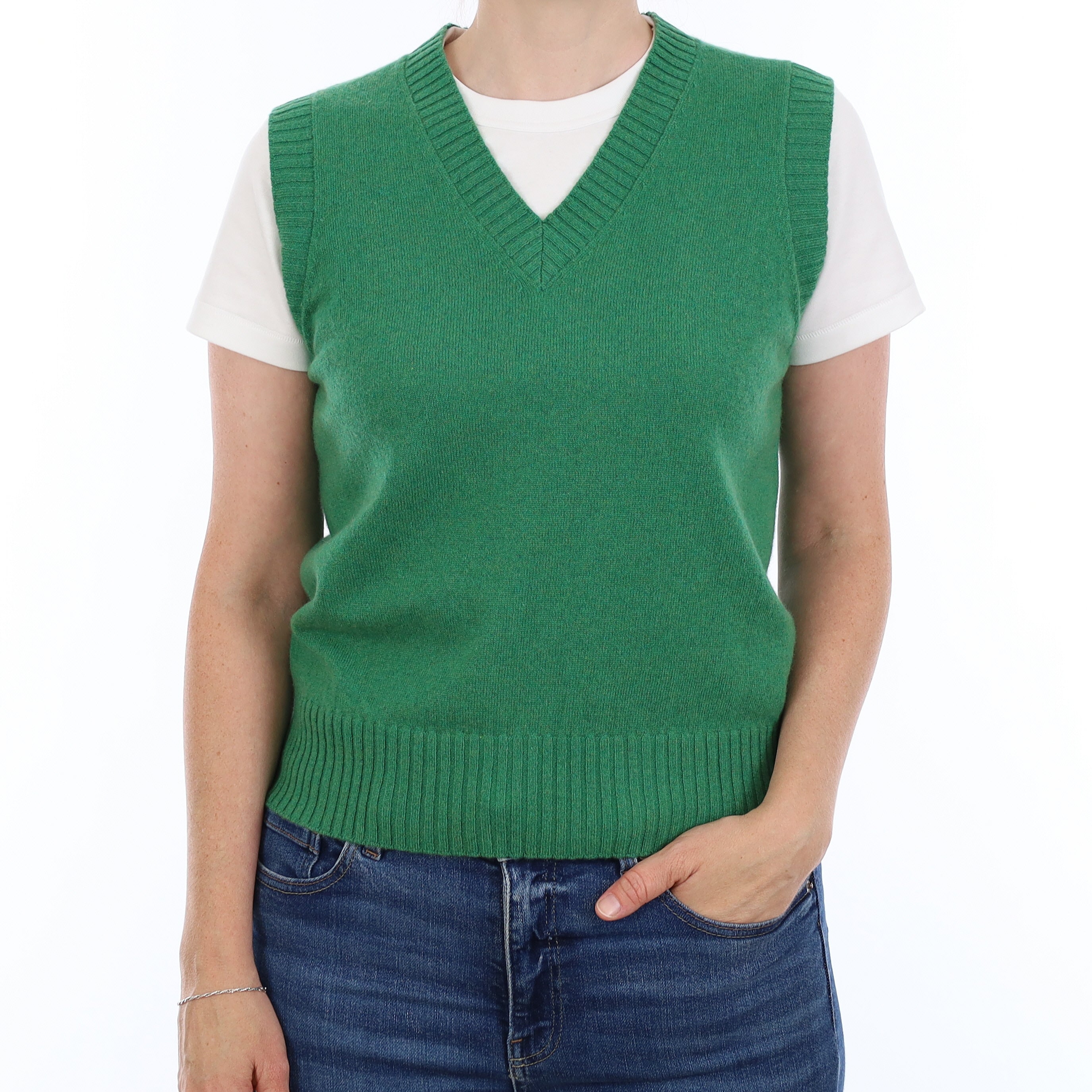 Brand New Jade Green Luxury Cashmere V Neck Tank Top Small UK 8-10