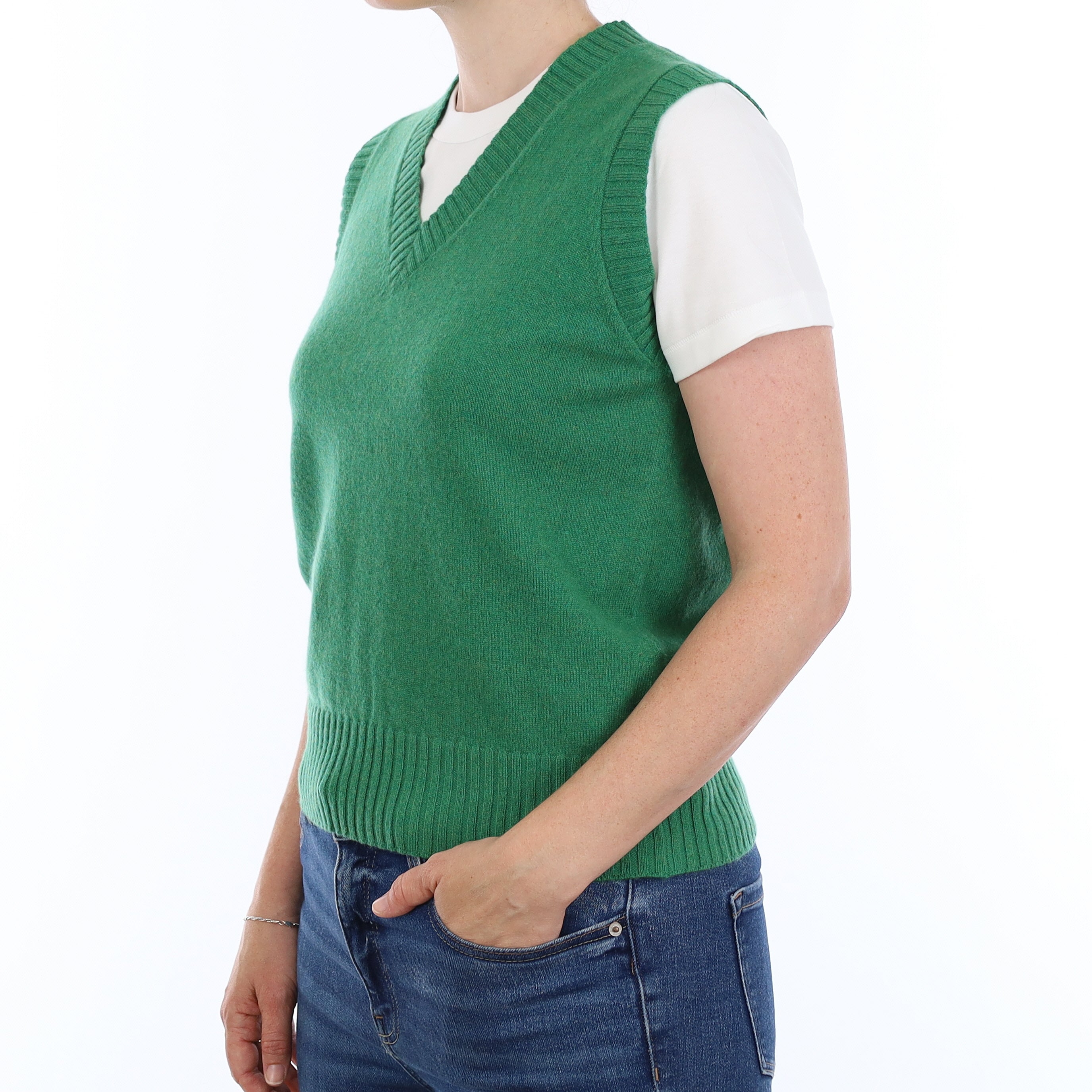 Brand New Jade Green Luxury Cashmere V Neck Tank Top Small UK 8-10