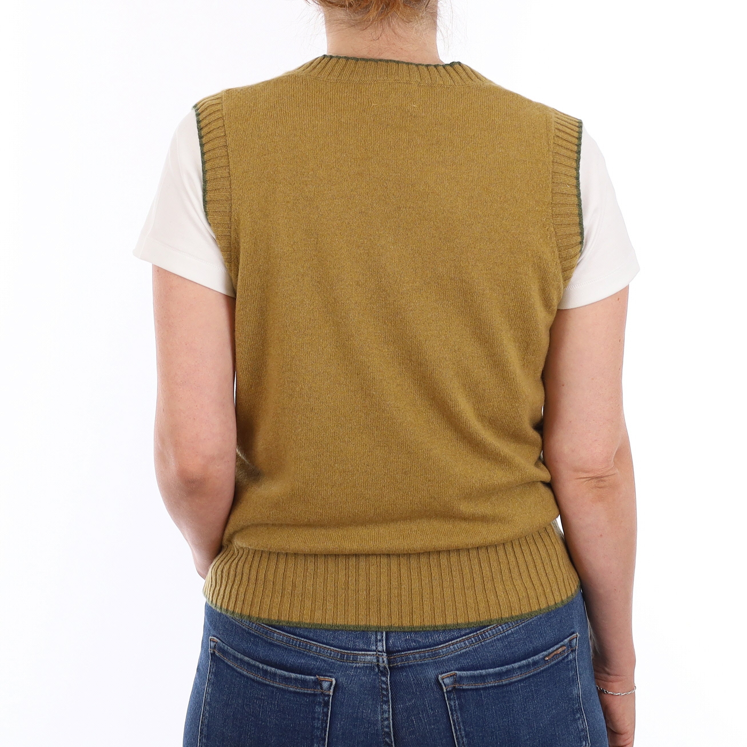 Brand New Mustard Gold and Olive Luxury Cashmere V Neck Tank Top Small UK 8-10