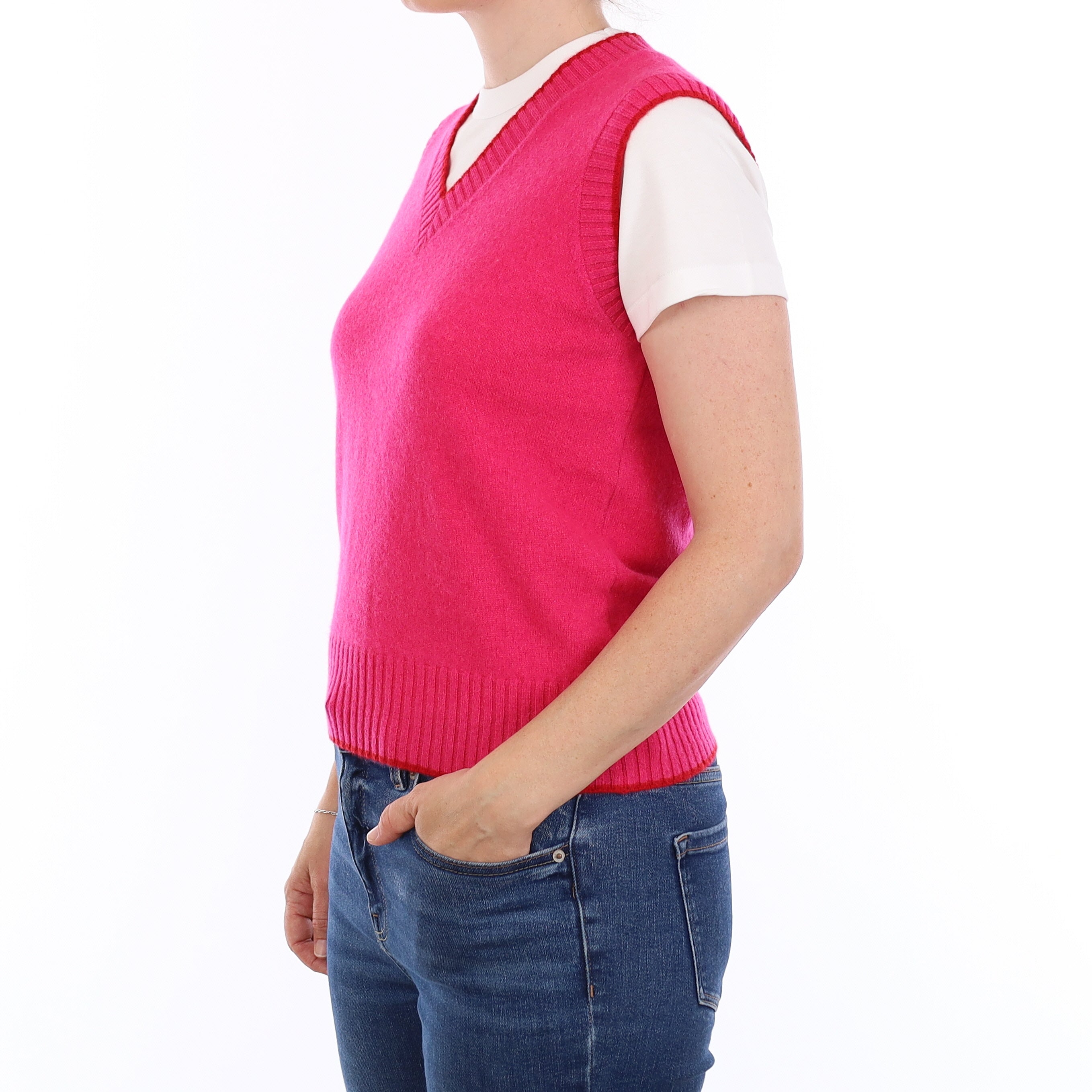Brand New Hot Pink and Red Luxury Cashmere V Neck Tank Top Small UK 8-10