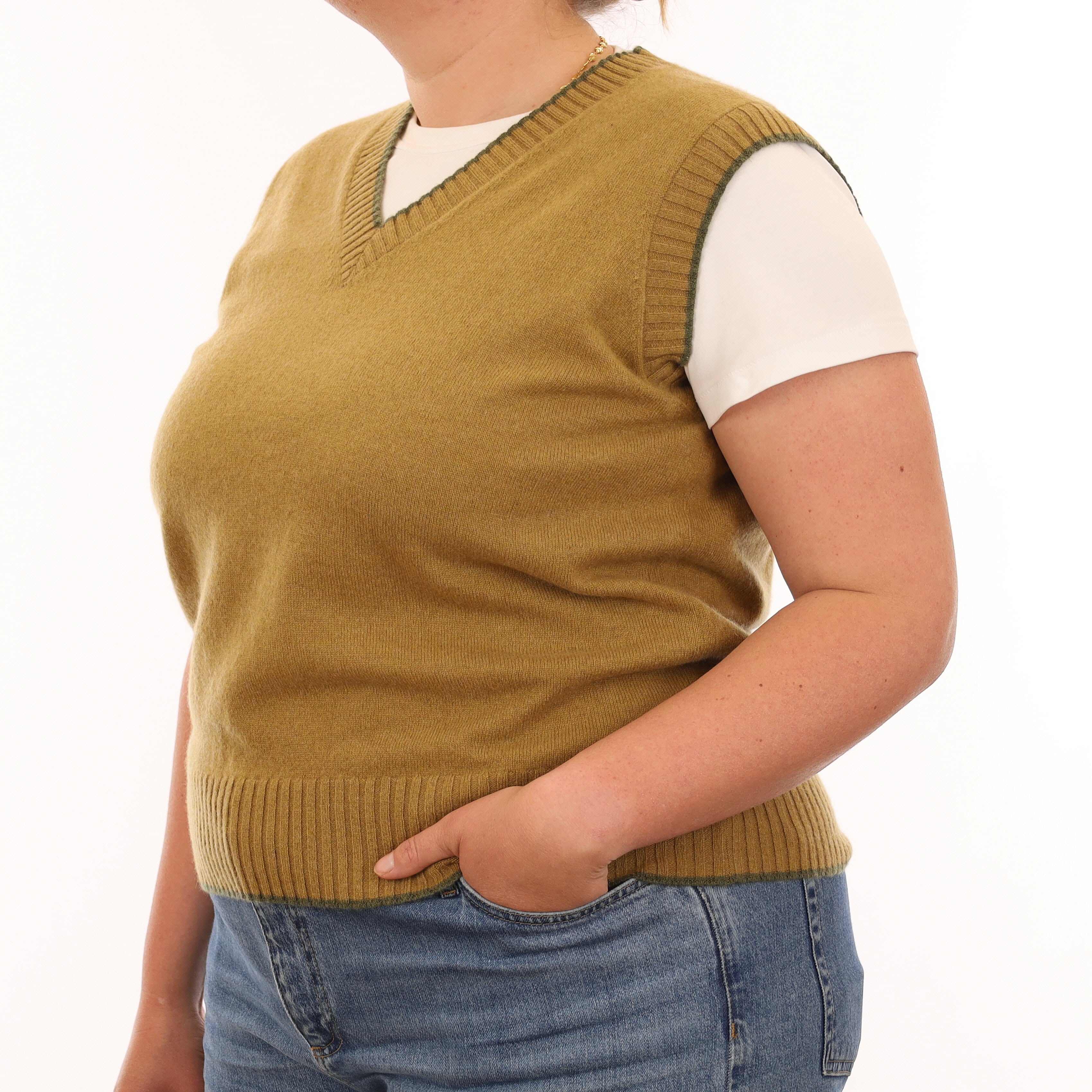 Brand New Mustard Gold and Olive Luxury Cashmere V Neck Tank Top Large UK 16-18