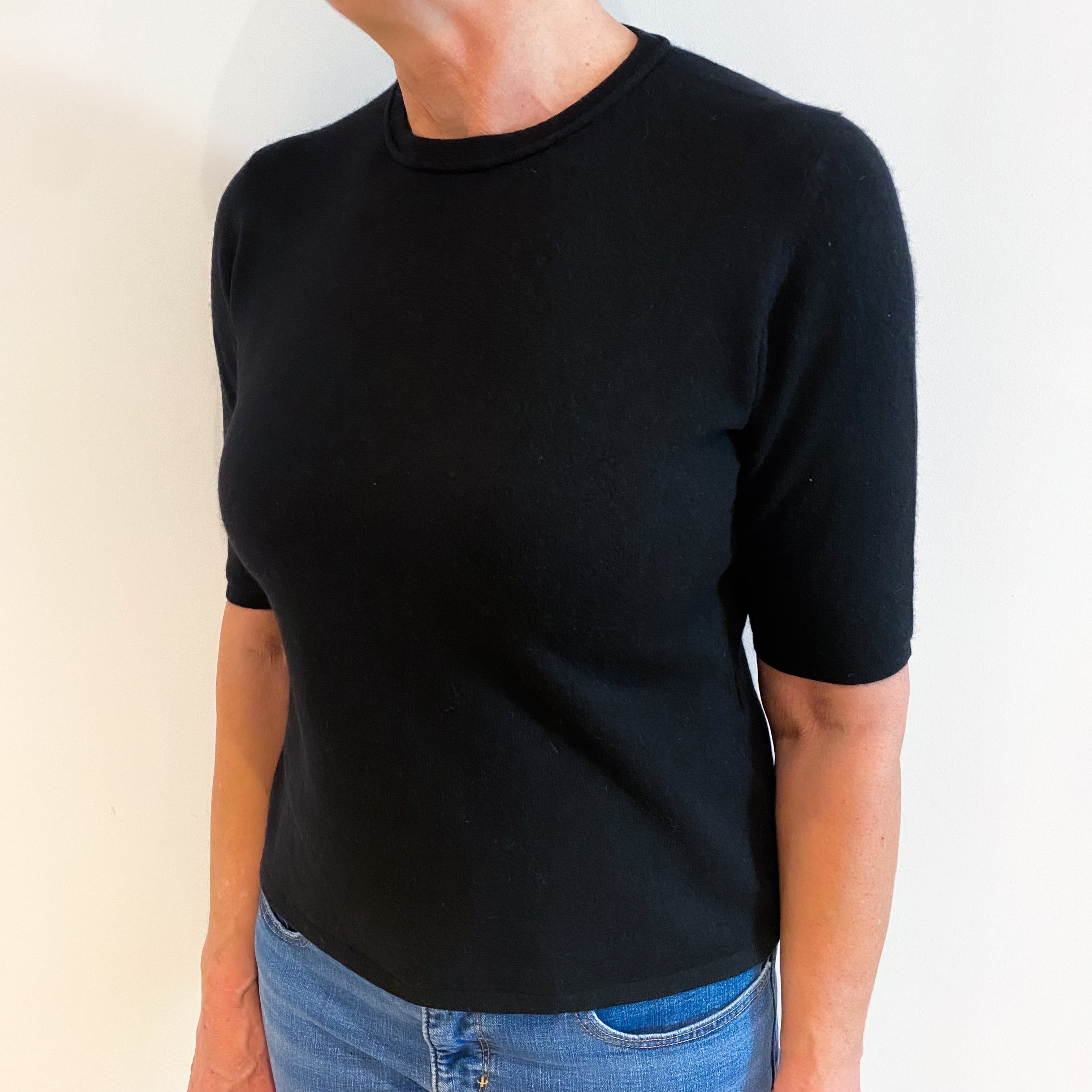 Black Cashmere Short Sleeved Crew Neck Jumper Medium