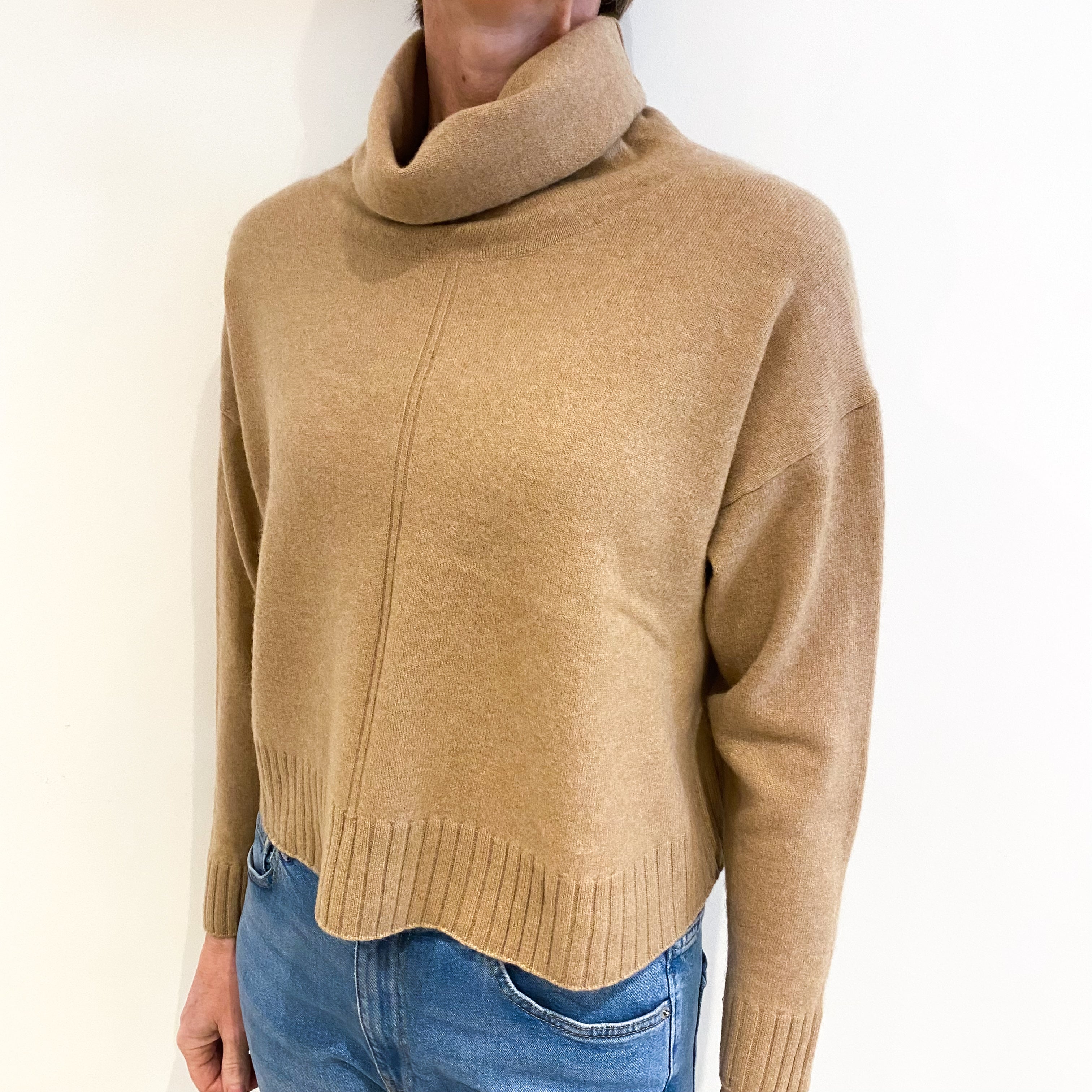 Camel Brown Cashmere Slouchy Roll Neck Jumper Small