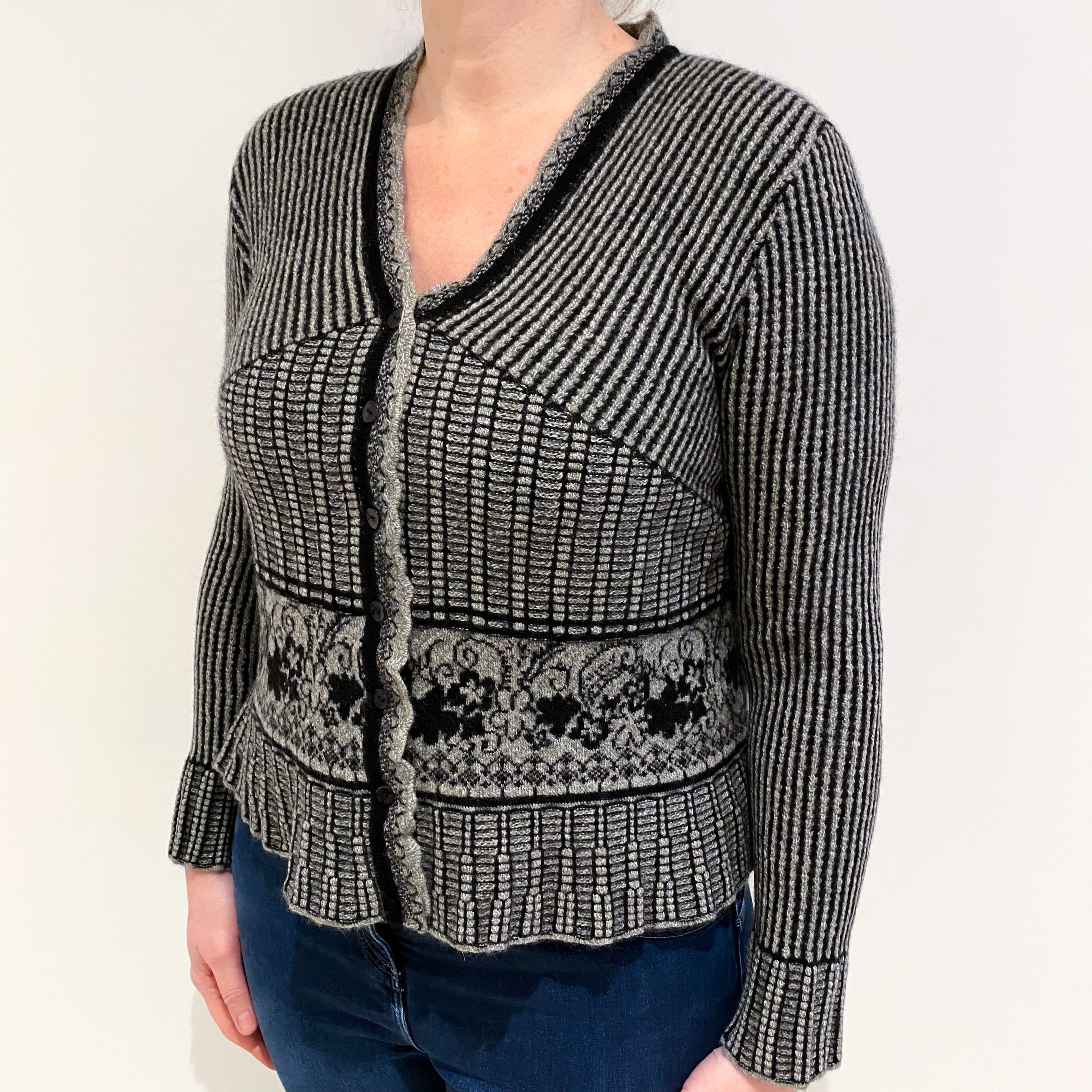 Black and Grey Patterned Cashmere V Neck Cardigan Large
