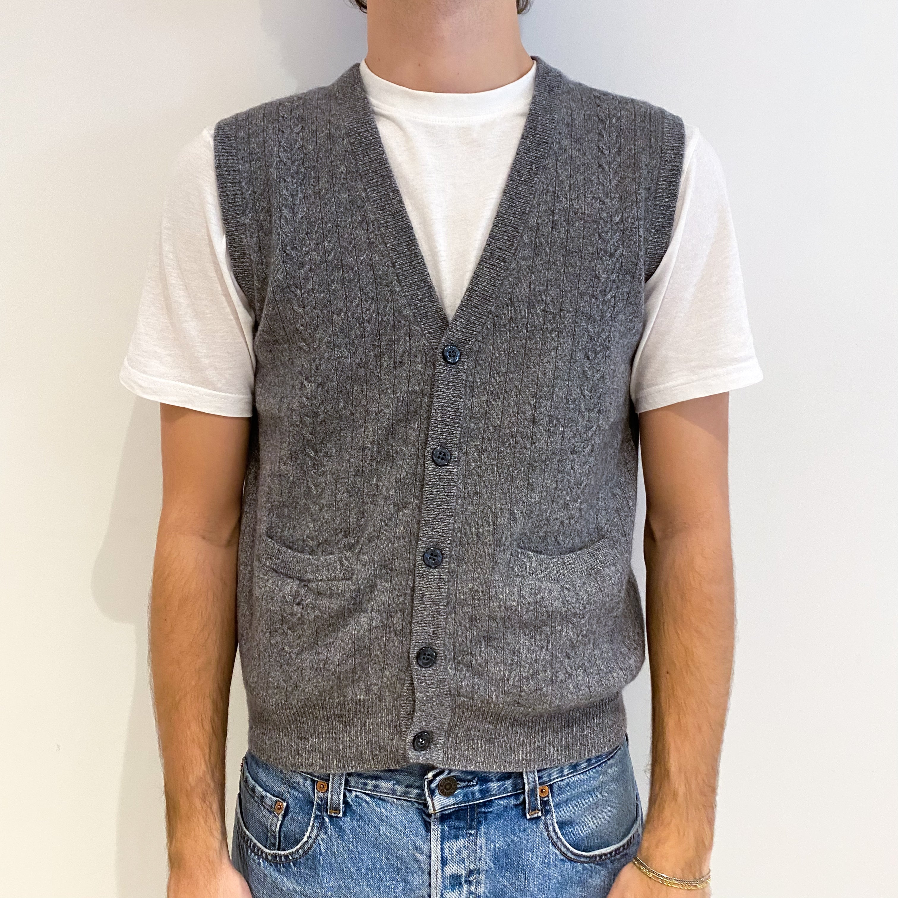 Men's Ash Grey Cashmere V Neck Gilet with Pockets Large