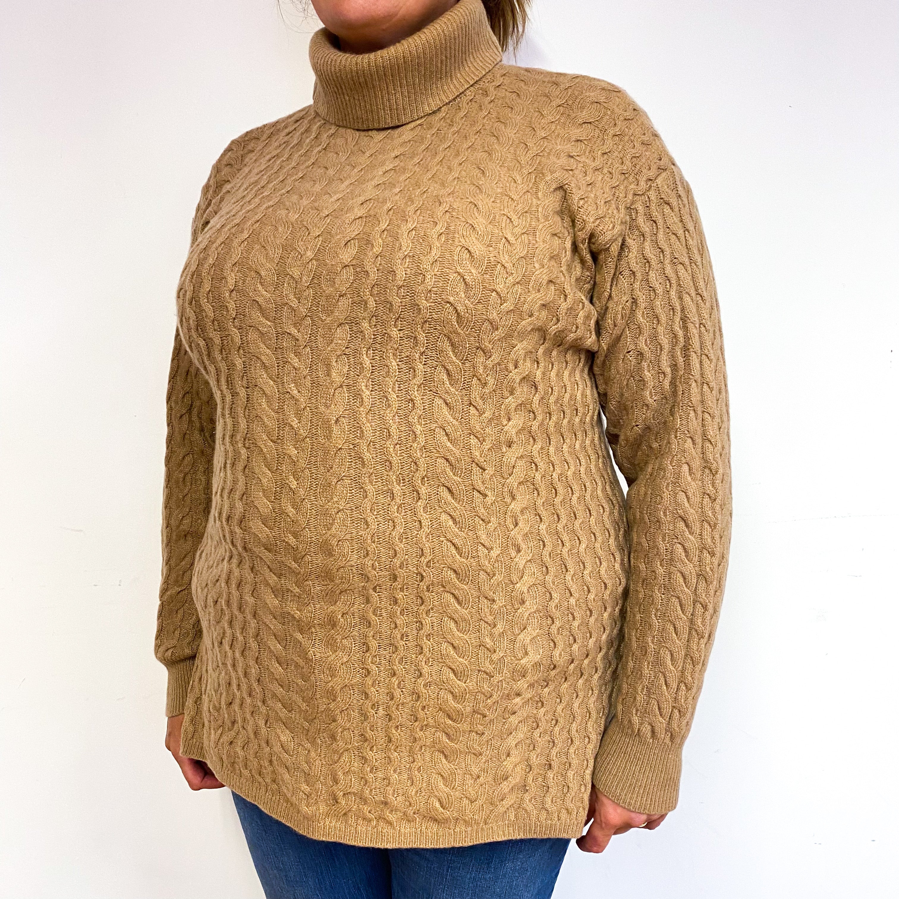 Vintage Caramel Cable Cashmere Polo Neck Jumper Extra Large