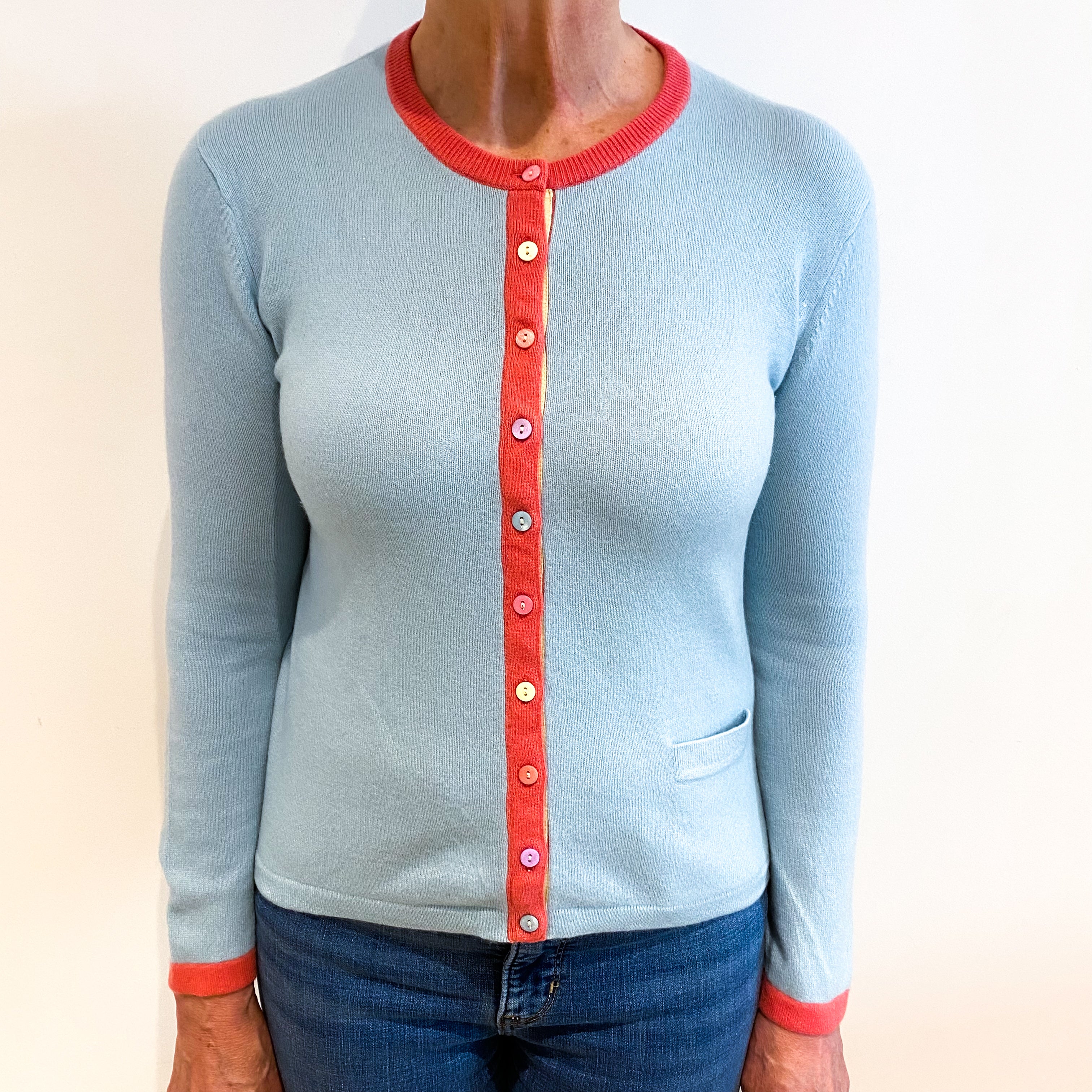 Mint Blue With Colourful Buttons And Pink Trim Cashmere Cardigan Medium