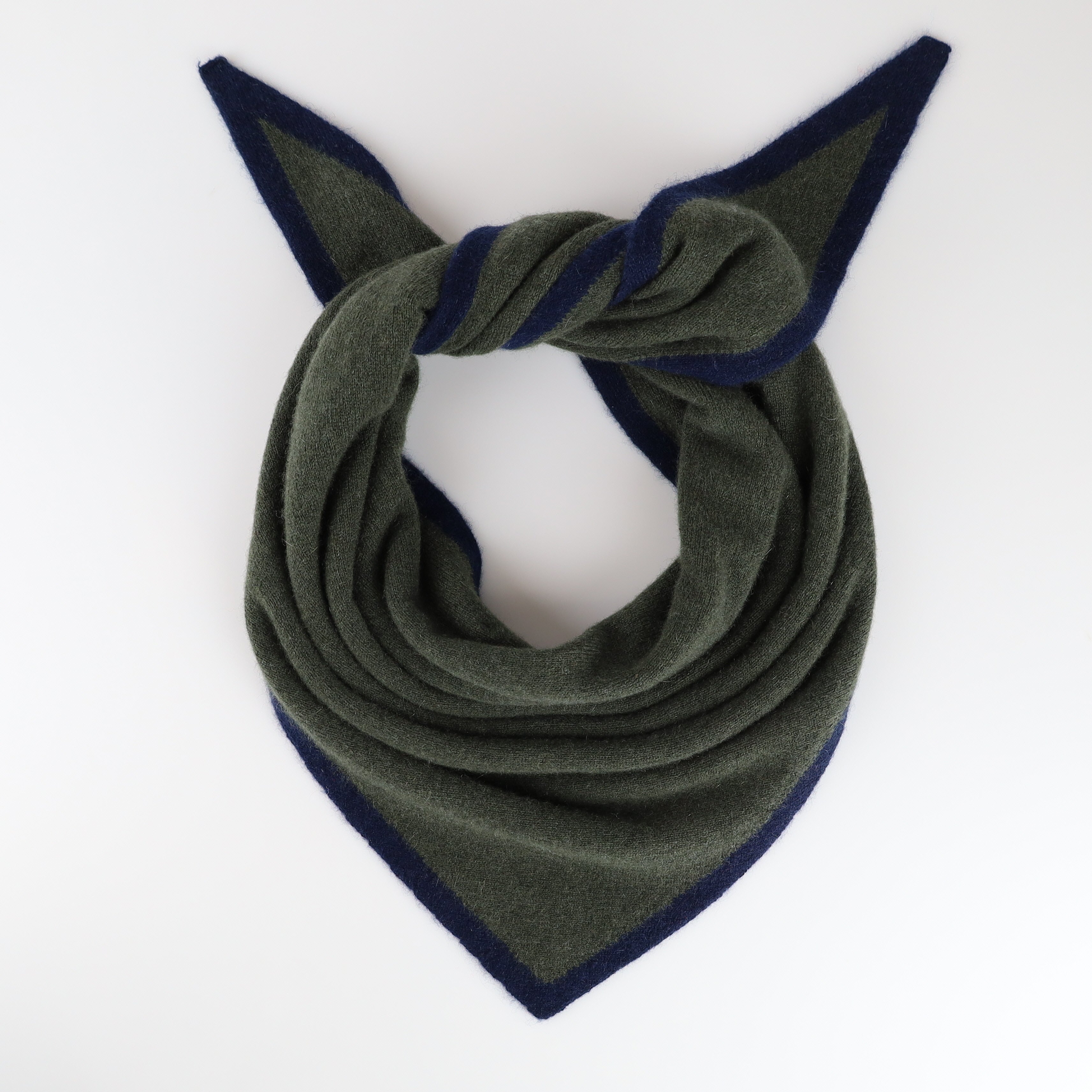 Brand New Khaki Green and Navy Recycled Cashmere Triangle Scarf