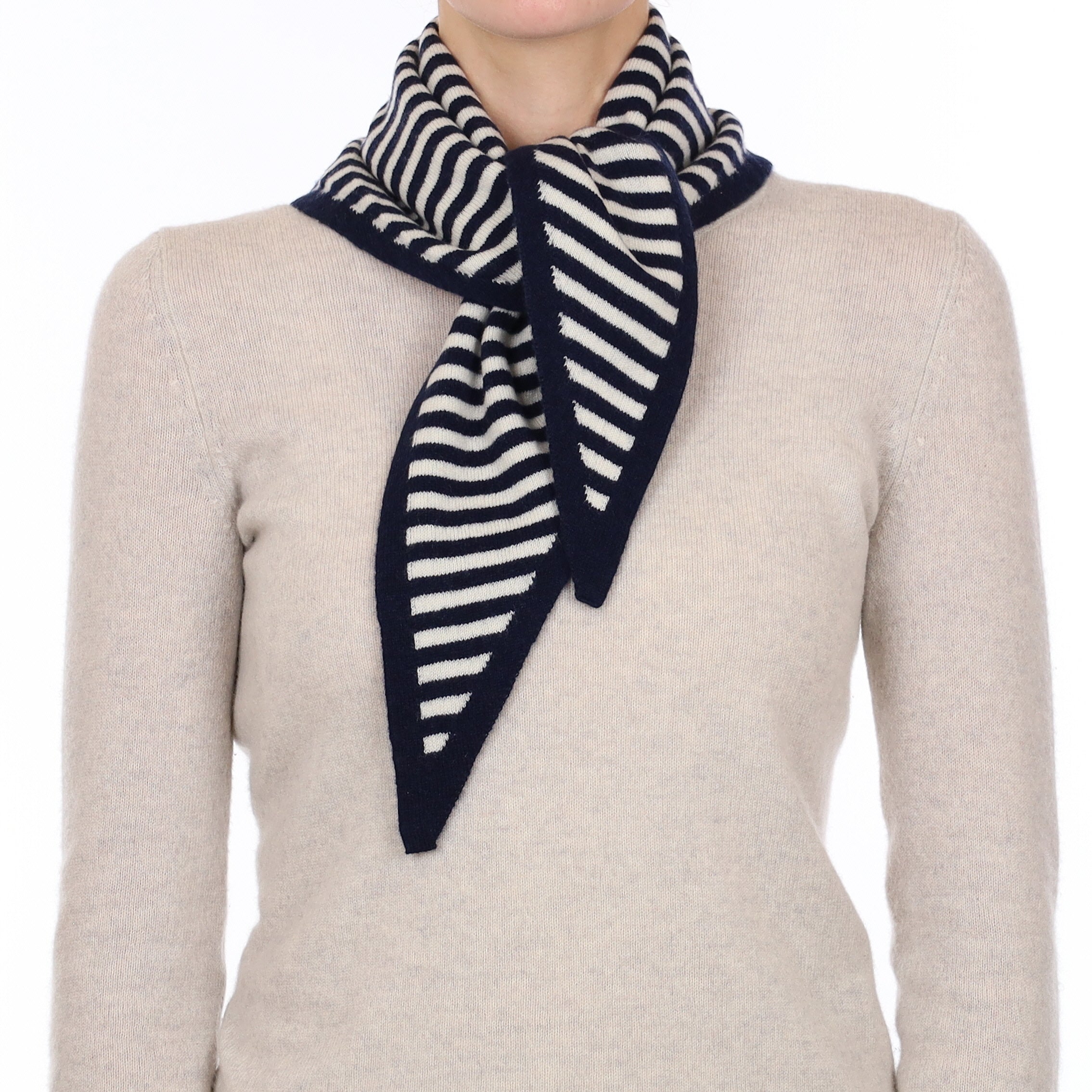 Brand New Navy and Chalk Striped Recycled Cashmere Triangle Scarf