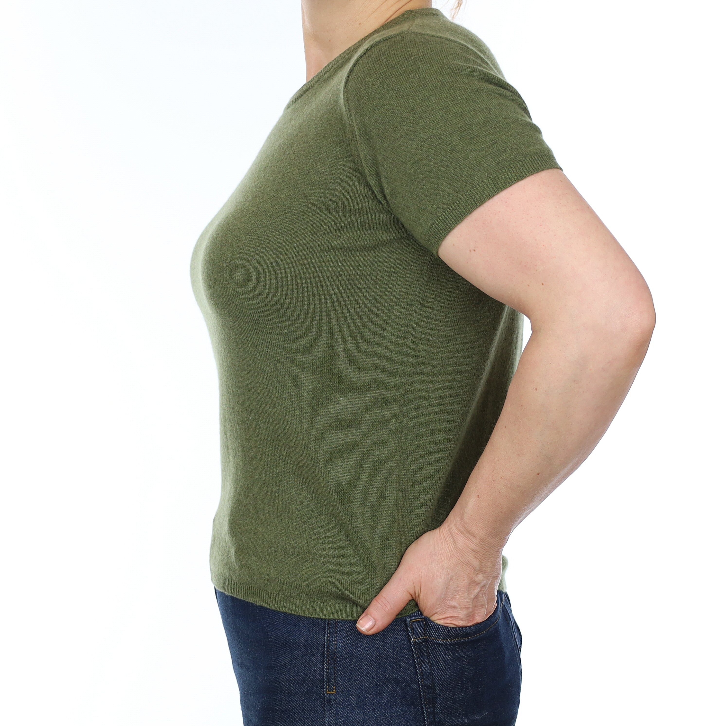 Brand New Olive Green Cashmere Crew Neck T-Shirt Medium UK 12-14