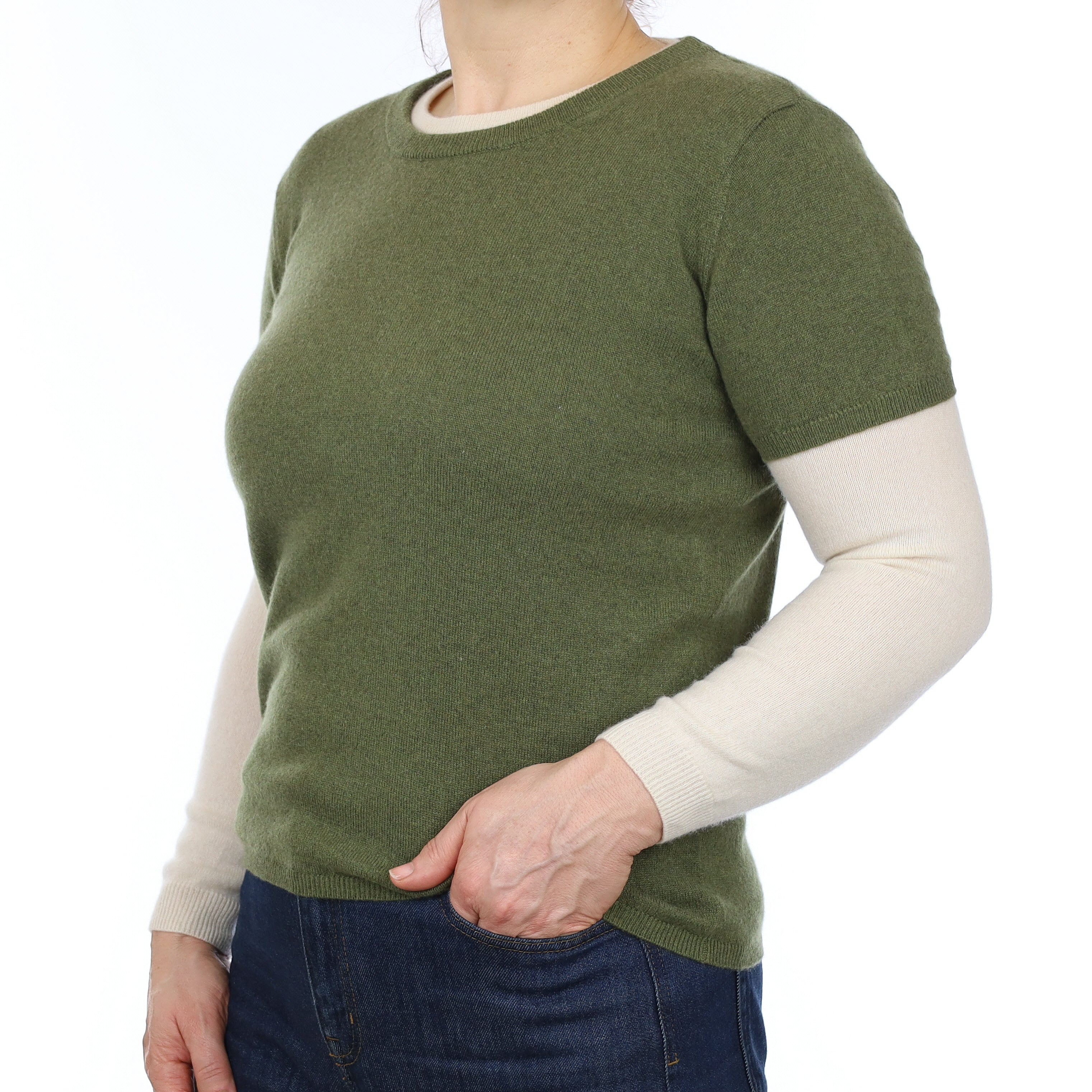 Brand New Olive Green Cashmere Crew Neck T-Shirt Medium UK 12-14