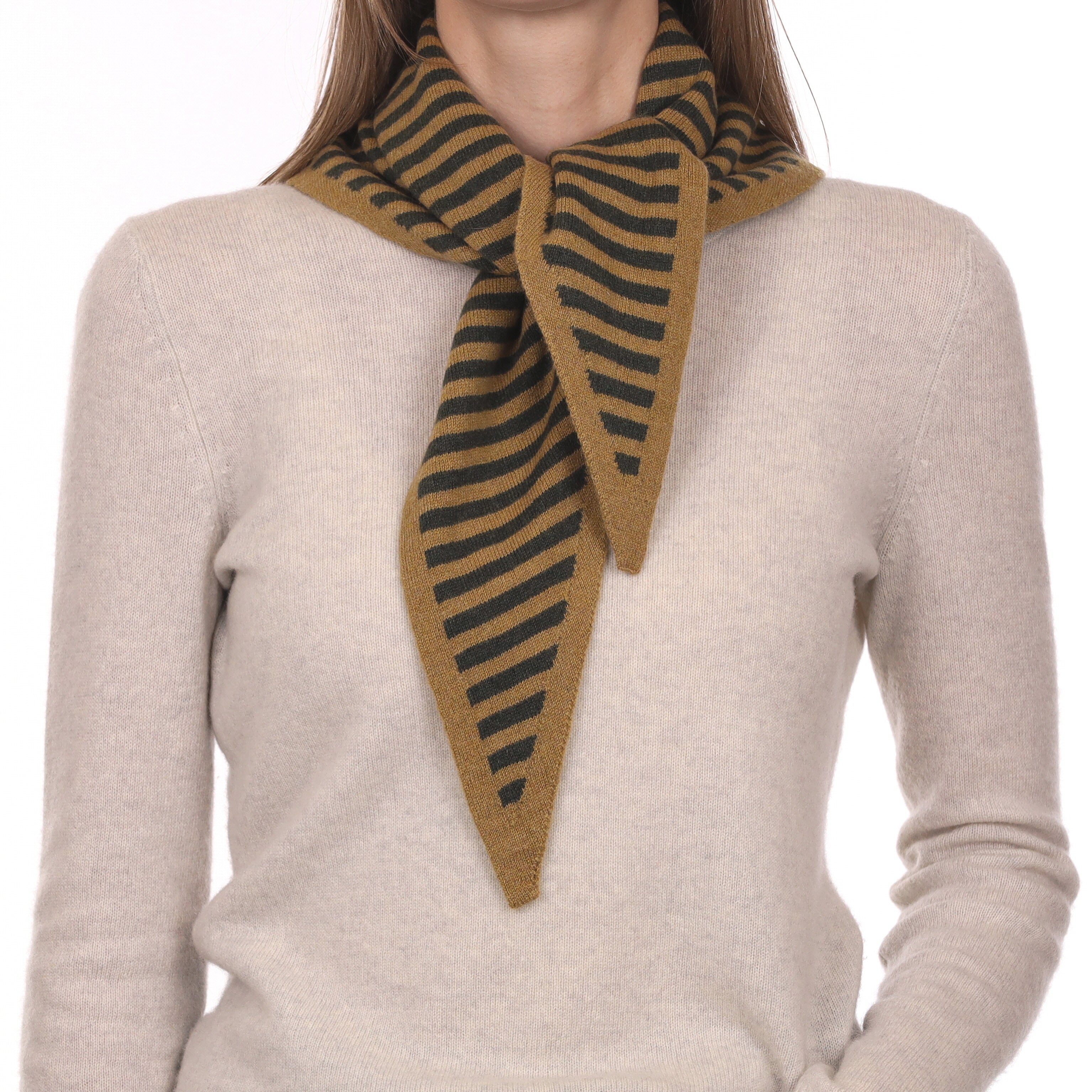 Brand New Harvest Gold and Khaki Striped Recycled Cashmere Triangle Scarf