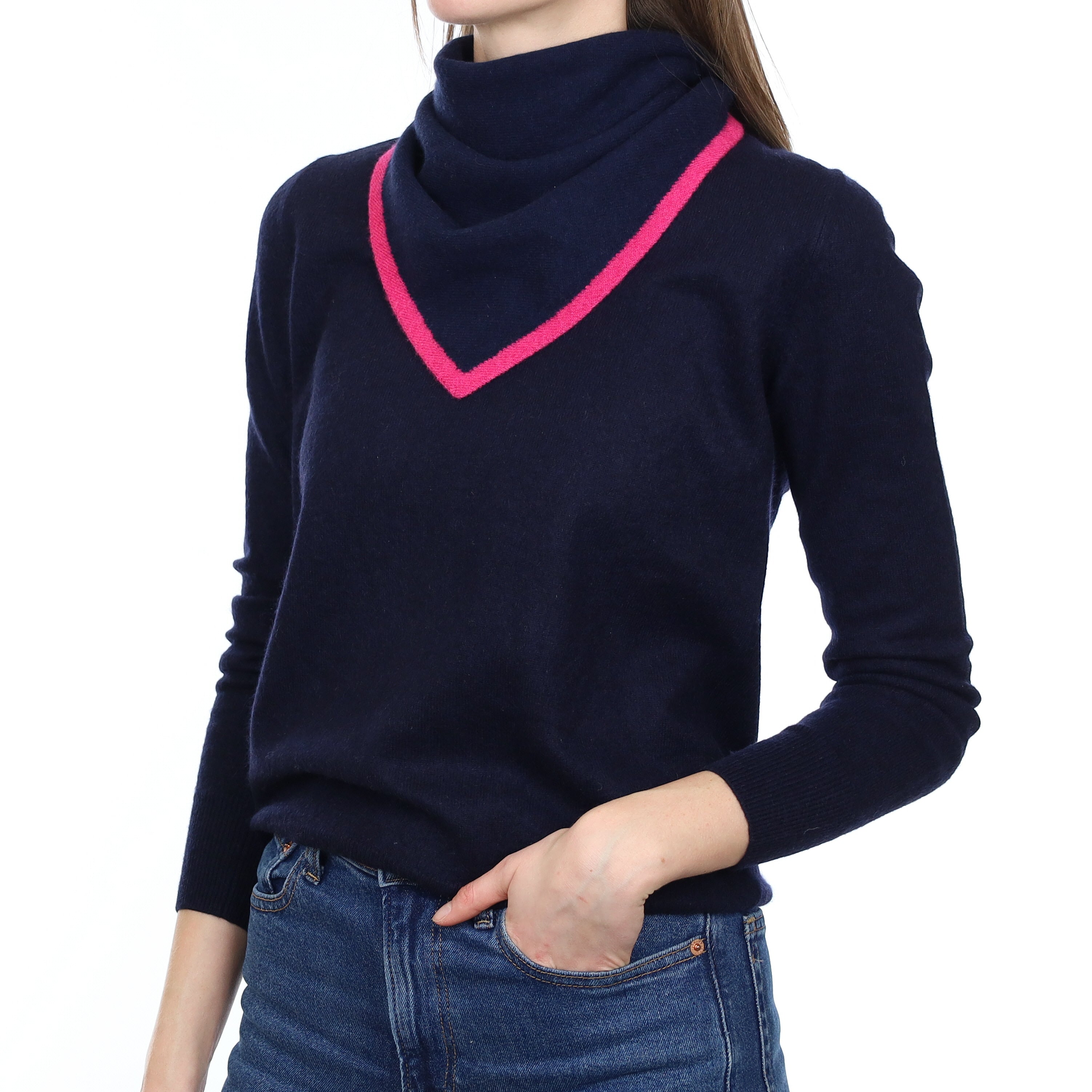Brand New Navy and Hot Pink Recycled Cashmere Triangle Scarf