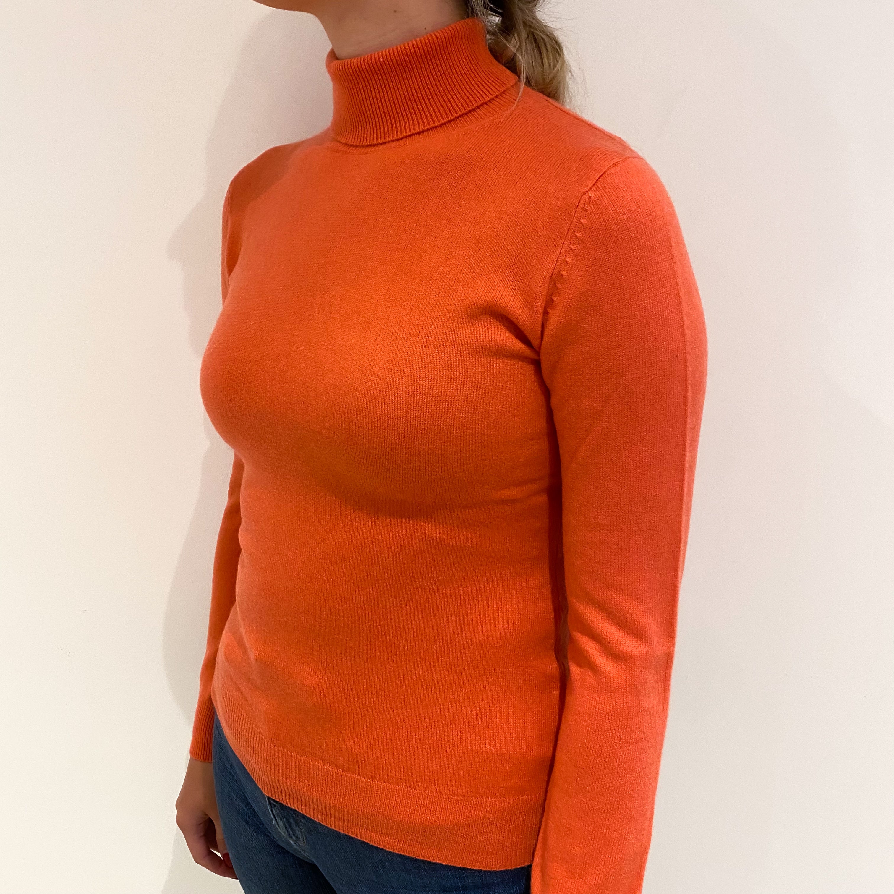 Coral Orange Cashmere Polo Neck Jumper Small