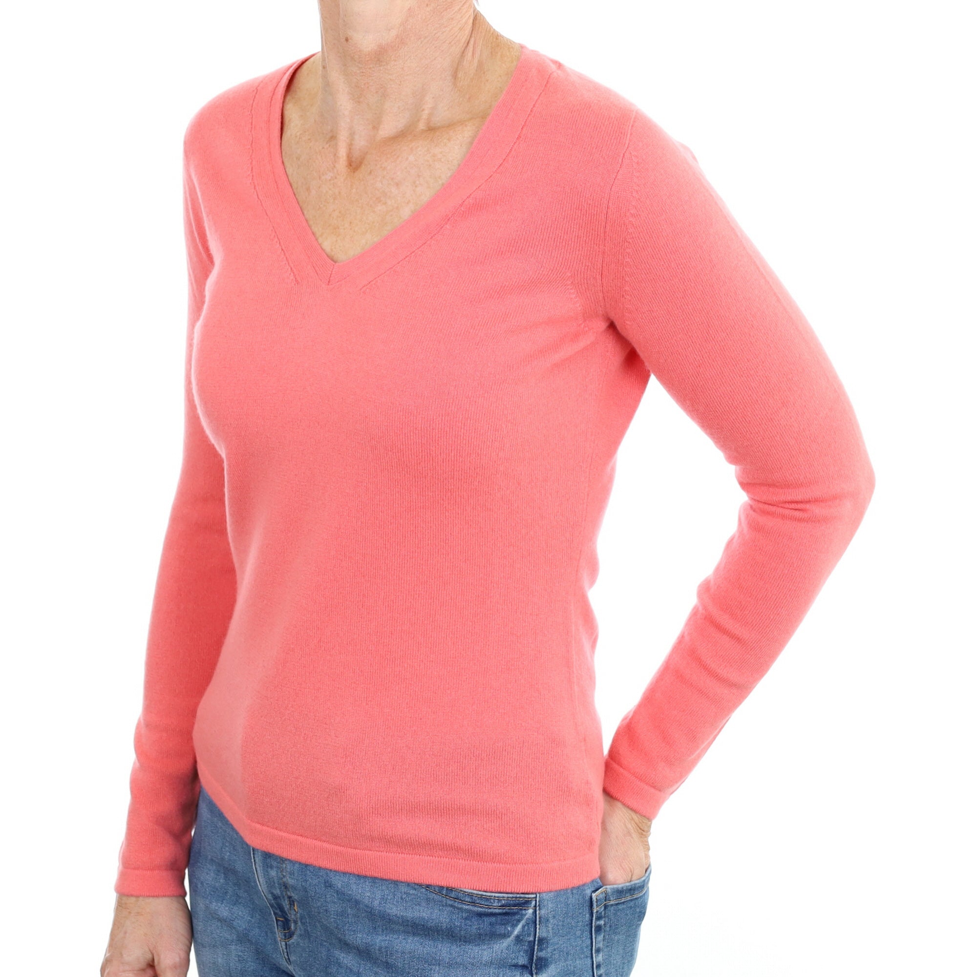 New Coral Pink Cashmere V Neck Small