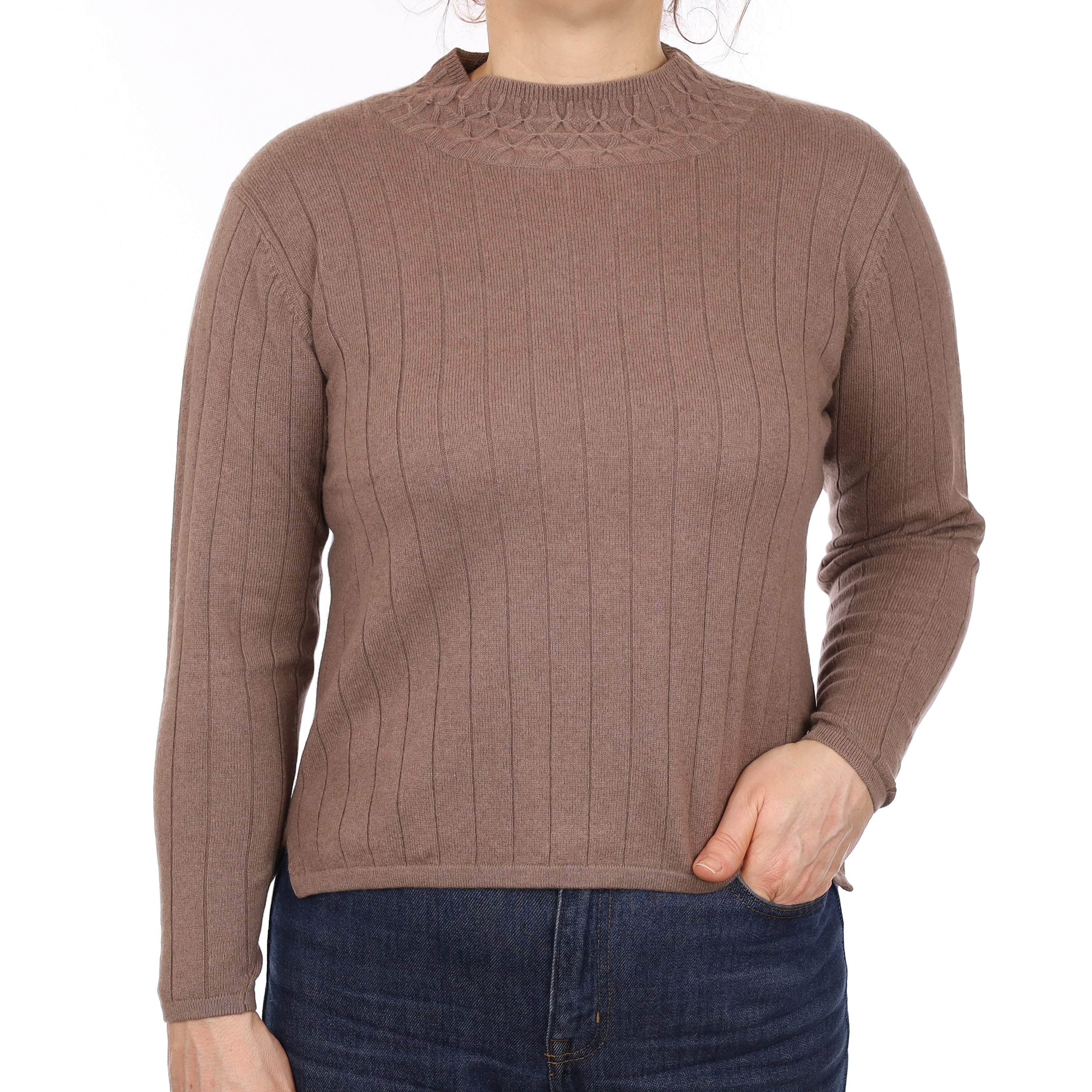 Mocha Brown Rib Cashmere Turtle Neck Jumper Medium