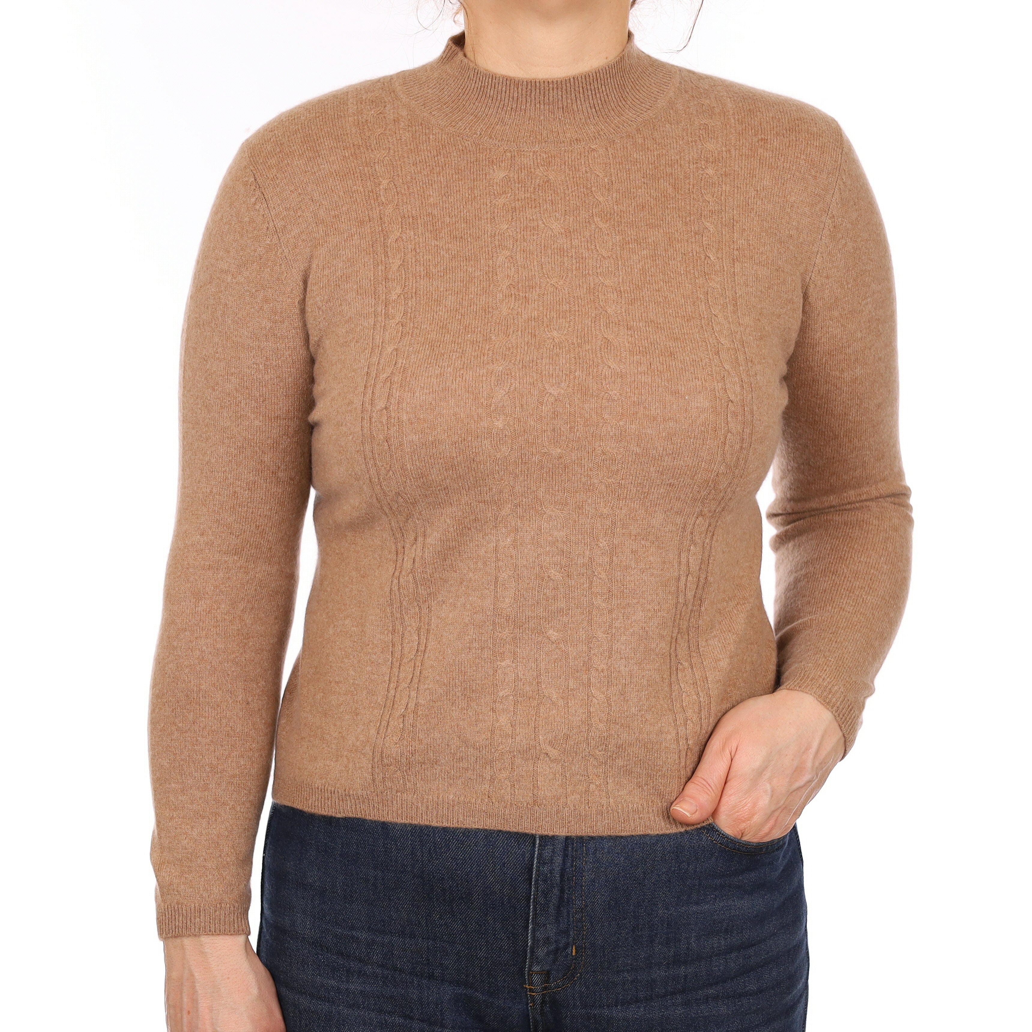 Camel Brown Cable Detail Cashmere Turtle Neck Jumper Medium