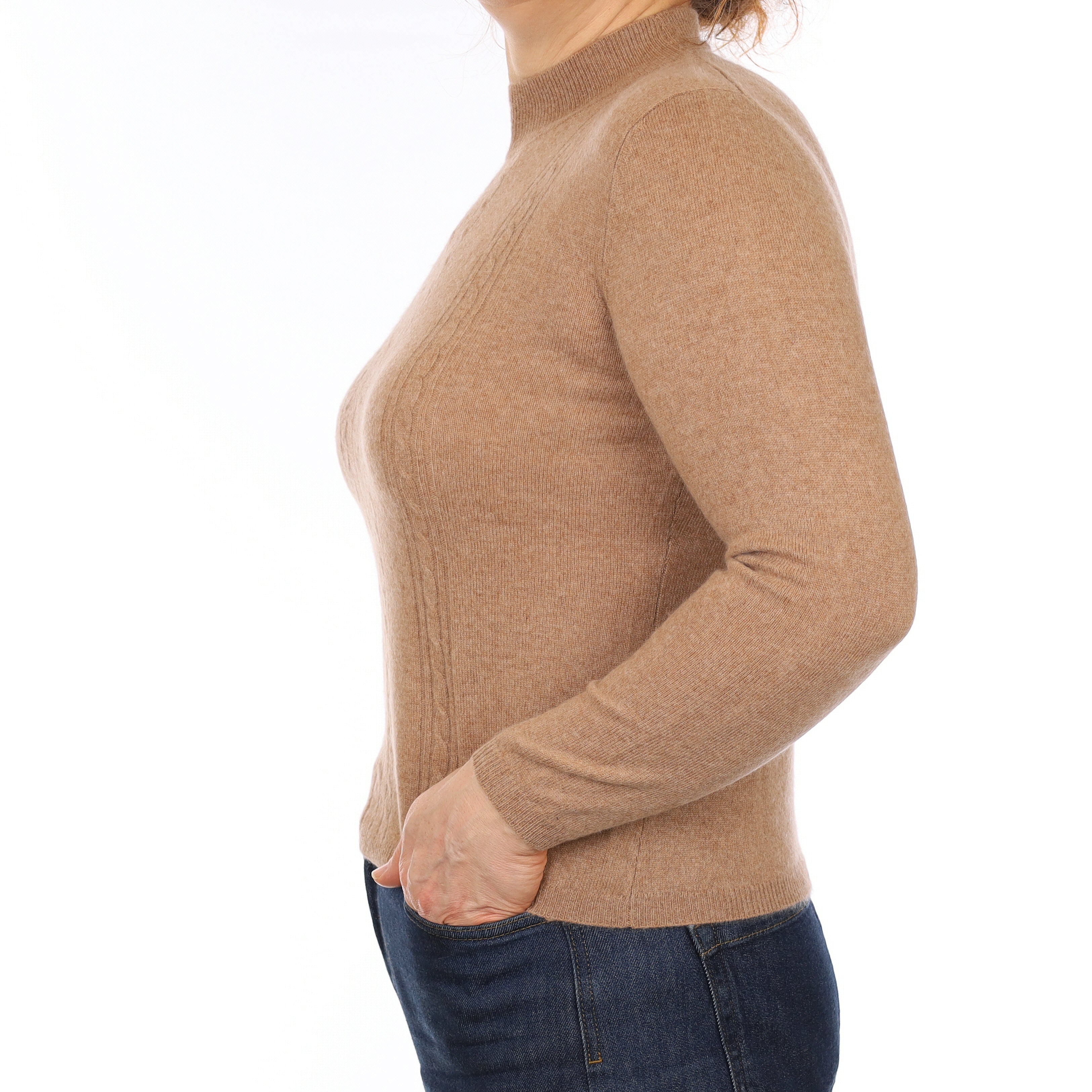 Camel Brown Cable Detail Cashmere Turtle Neck Jumper Medium