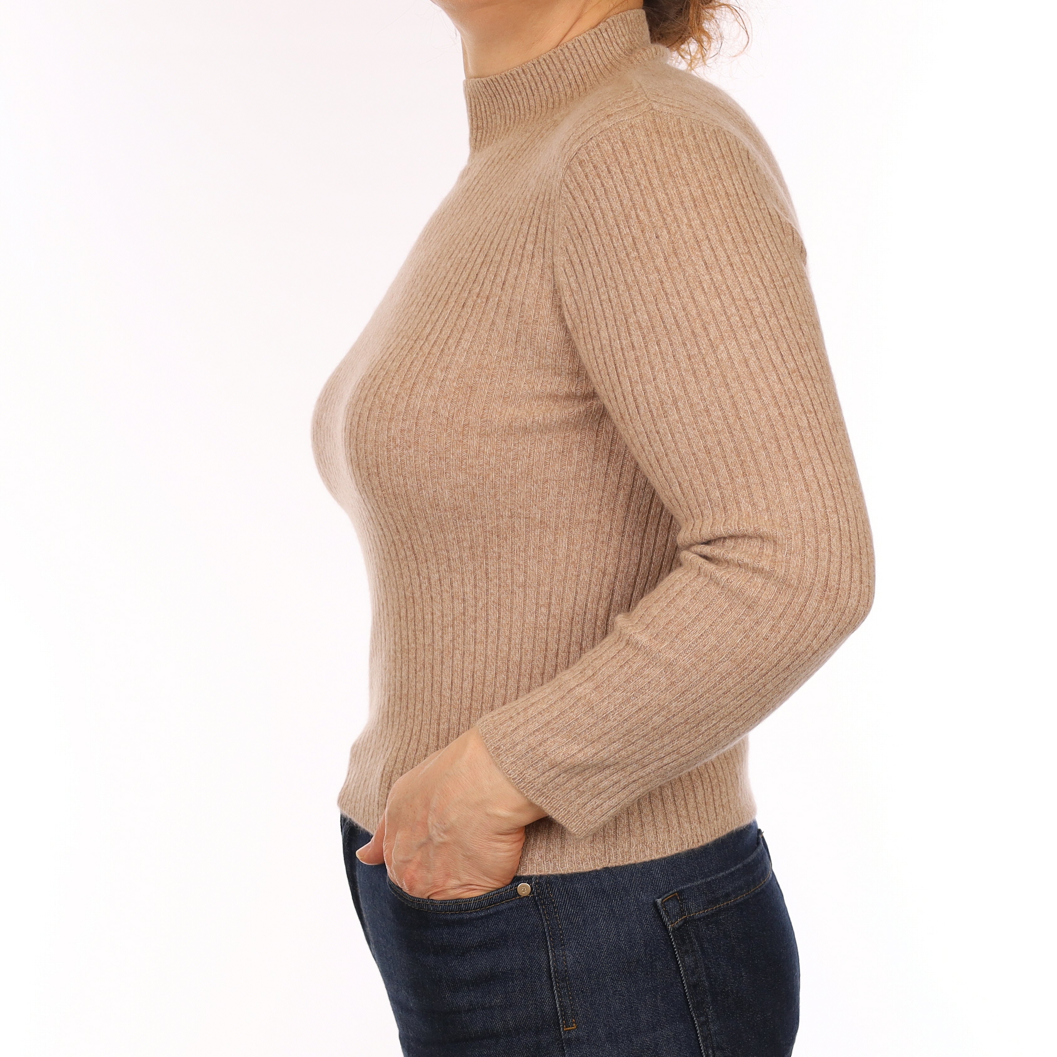 Fawn Beige Rib Cashmere Turtle Neck Jumper Medium