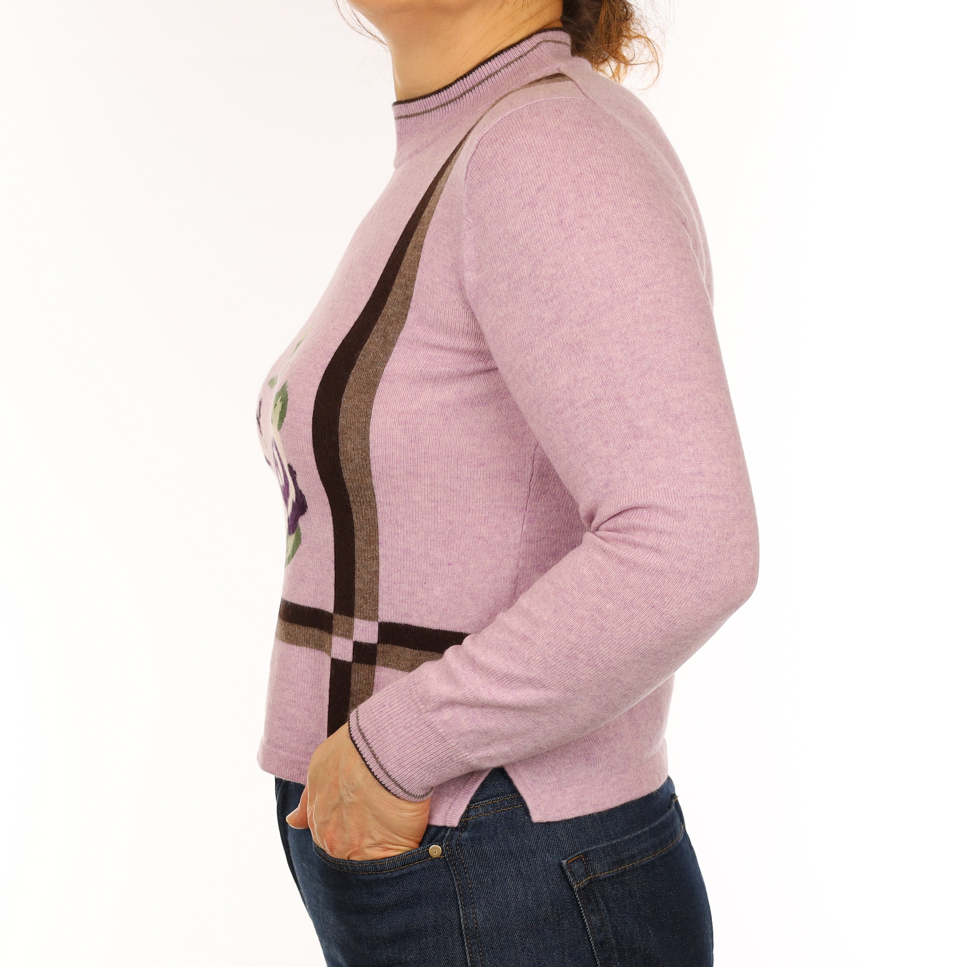 Lavender Purple Patterned Cashmere Turtle Neck Jumper Medium