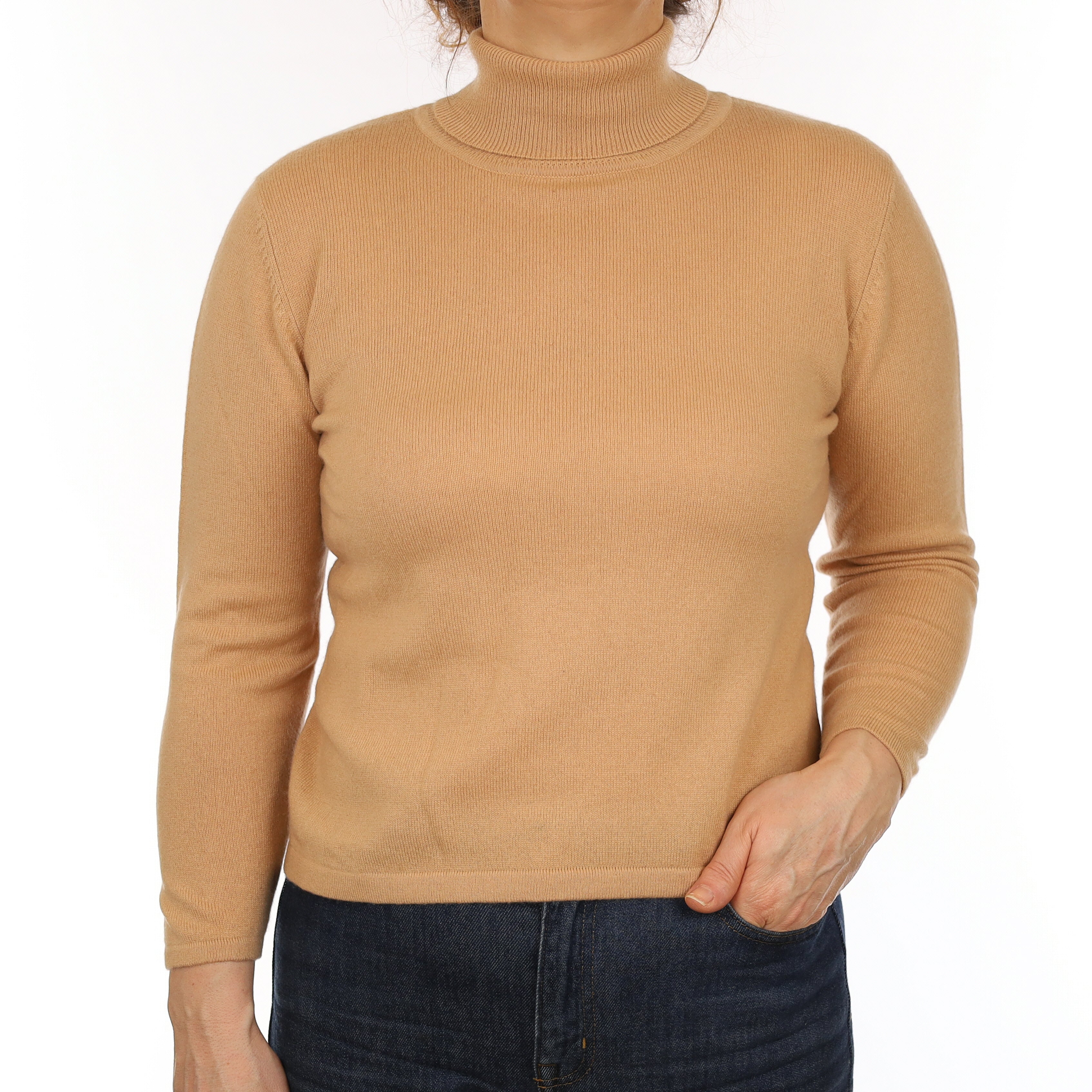 Camel Brown Cashmere Polo Neck Jumper Medium