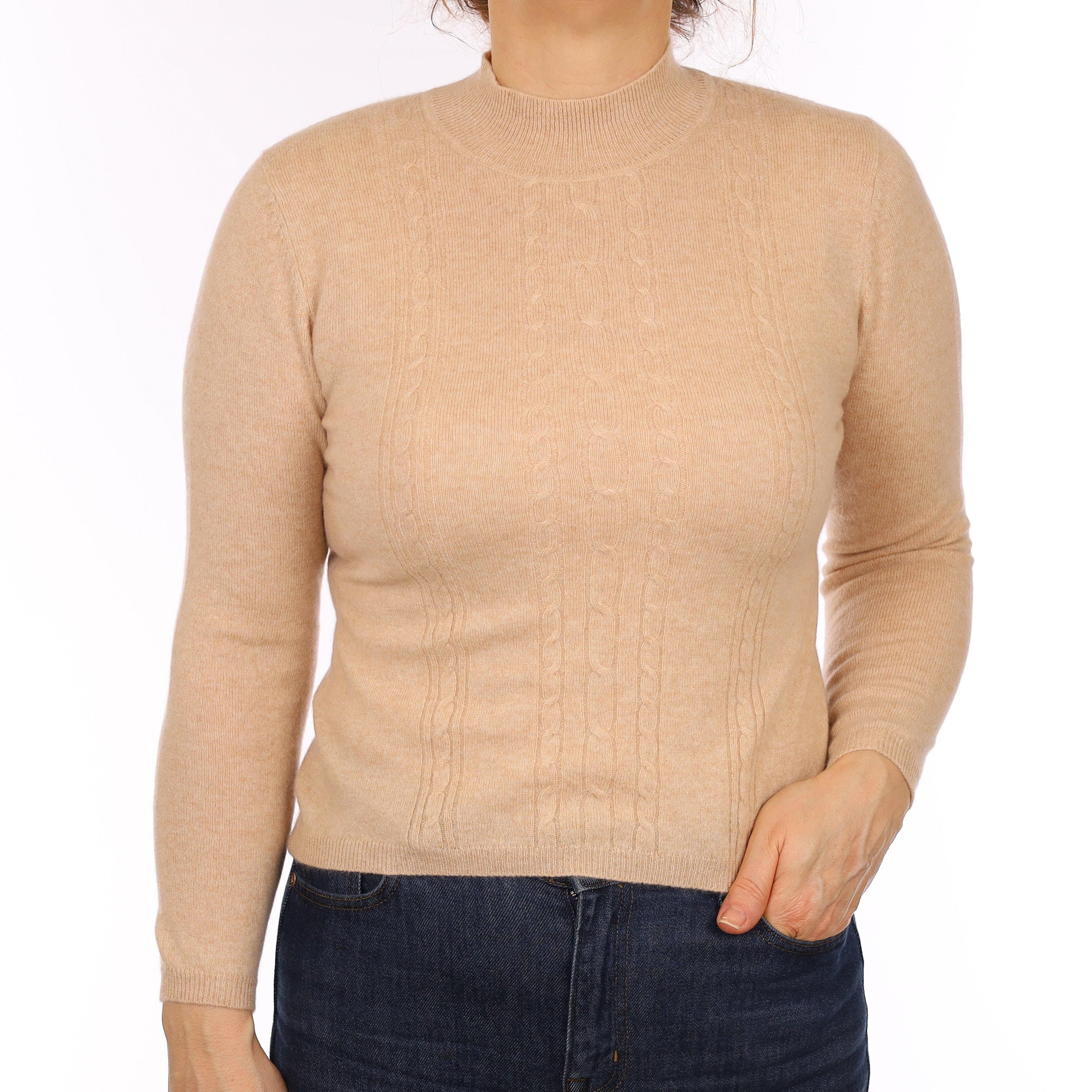 Beige Brown Cashmere Cable Knit Turtle Neck Jumper Medium
