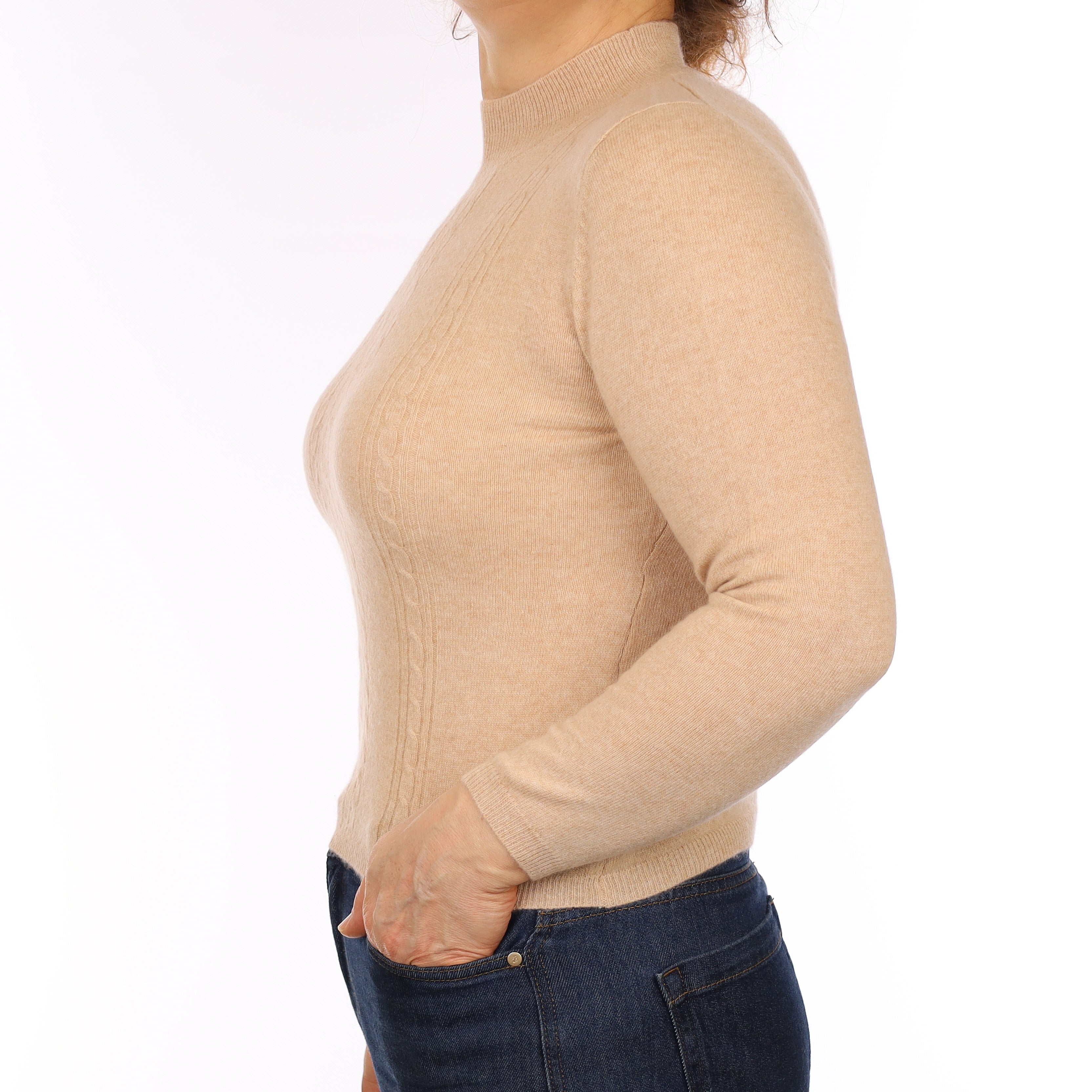 Beige Brown Cashmere Cable Knit Turtle Neck Jumper Medium