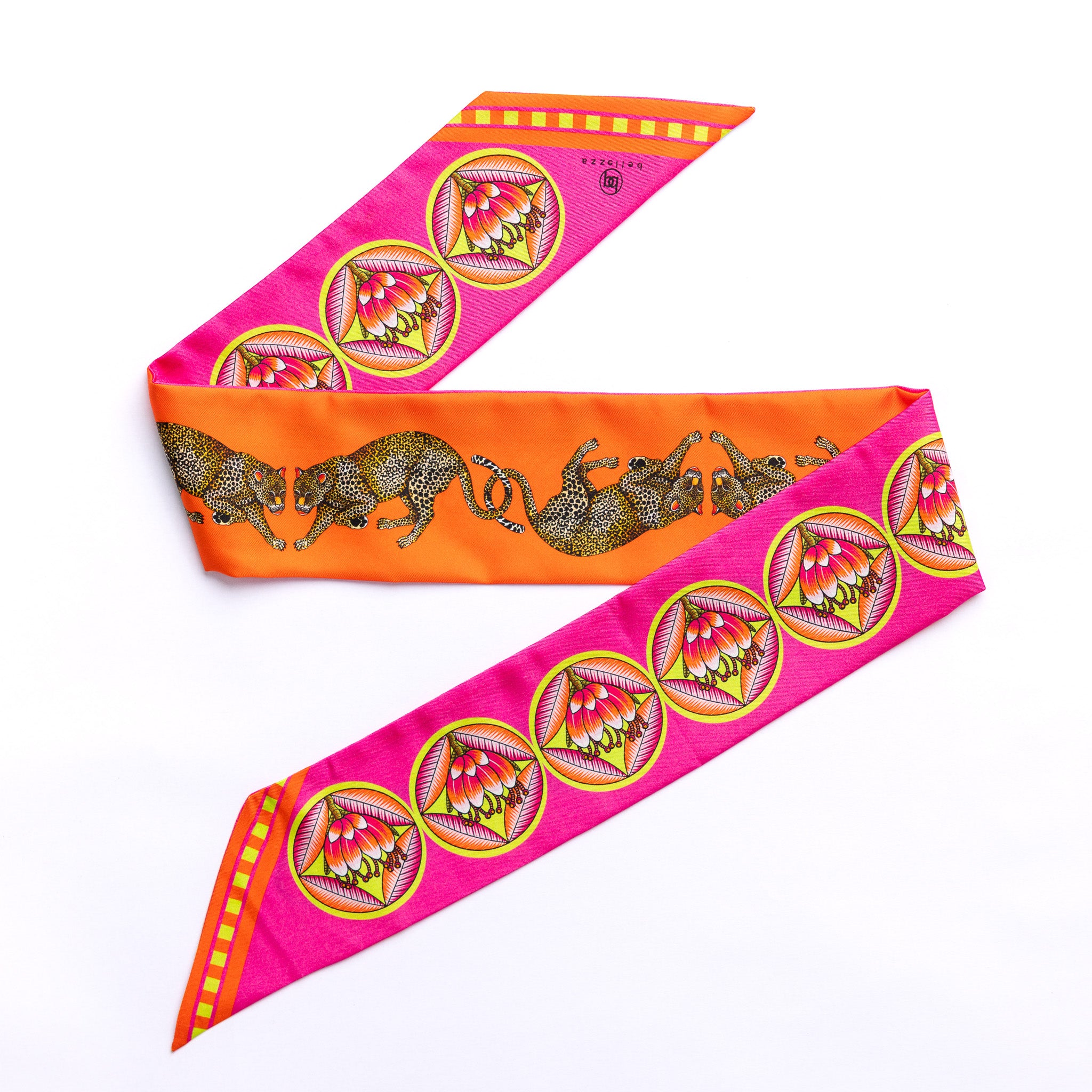Brand New Bellezza Orange & Pink Leopard Tropical Double Faced Silk Twilly