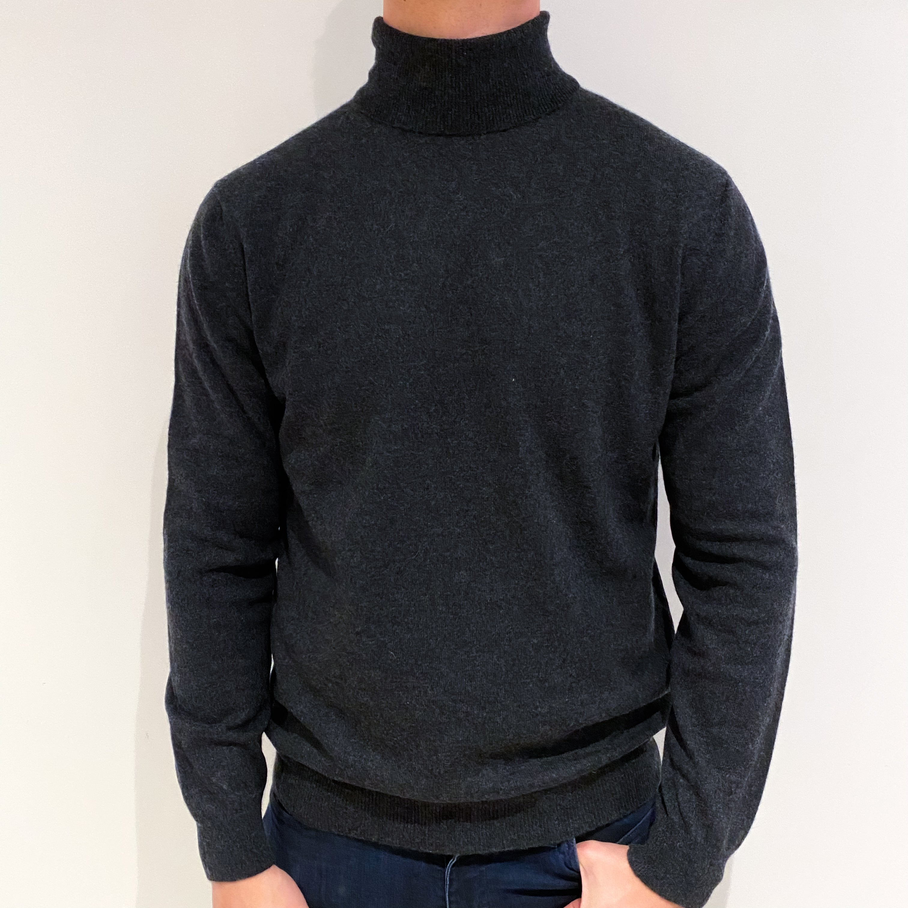 Men's Charcoal Grey Cashmere Polo Neck Jumper XL