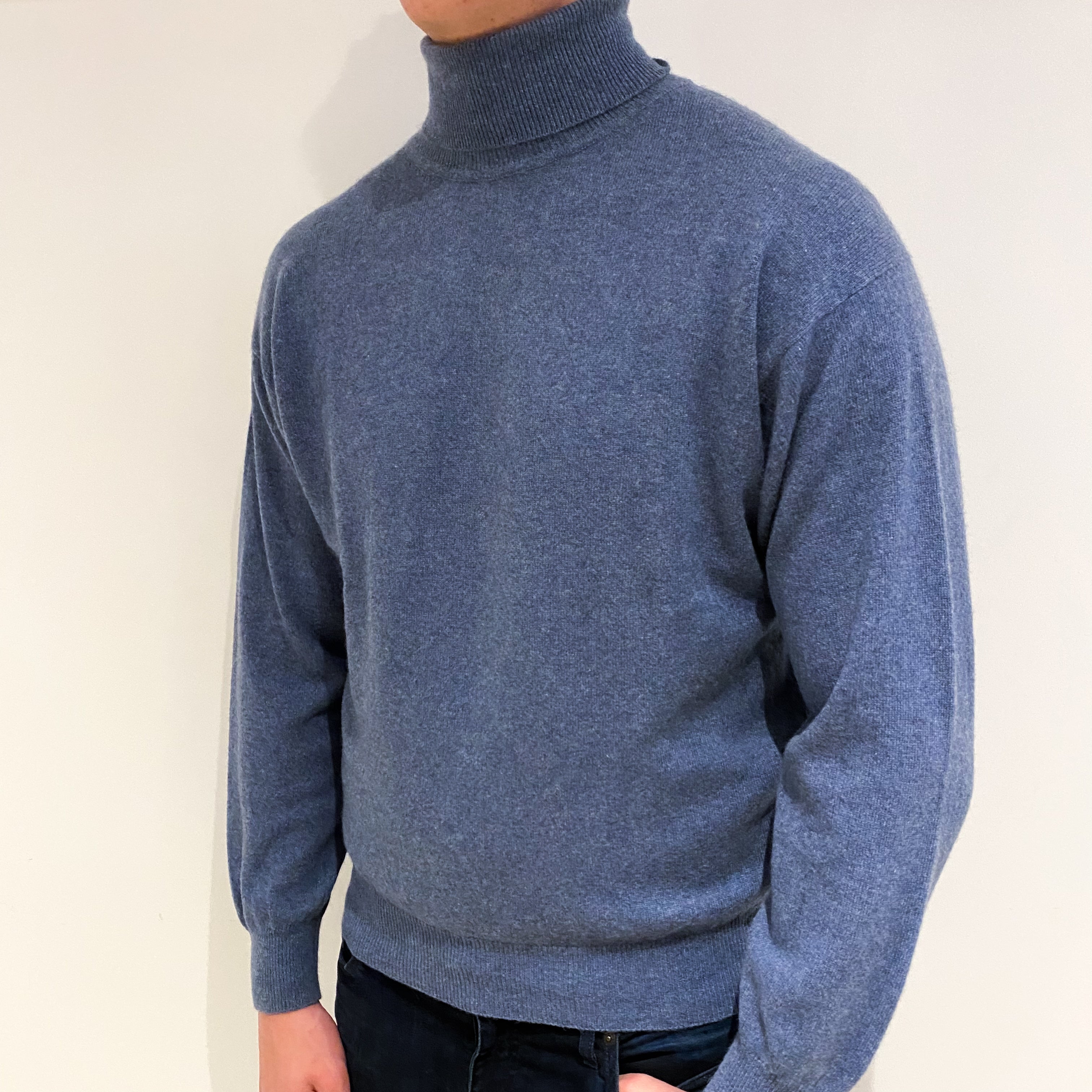 Men's Denim Blue Cashmere Polo Neck Jumper XL