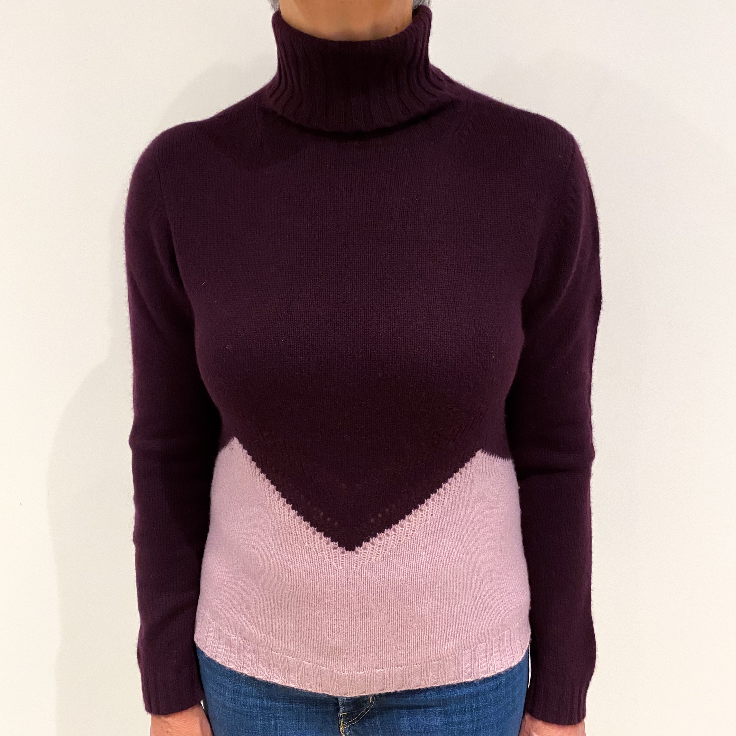 Aubergine and Mauve Purple Cashmere Polo Neck Jumper Medium
