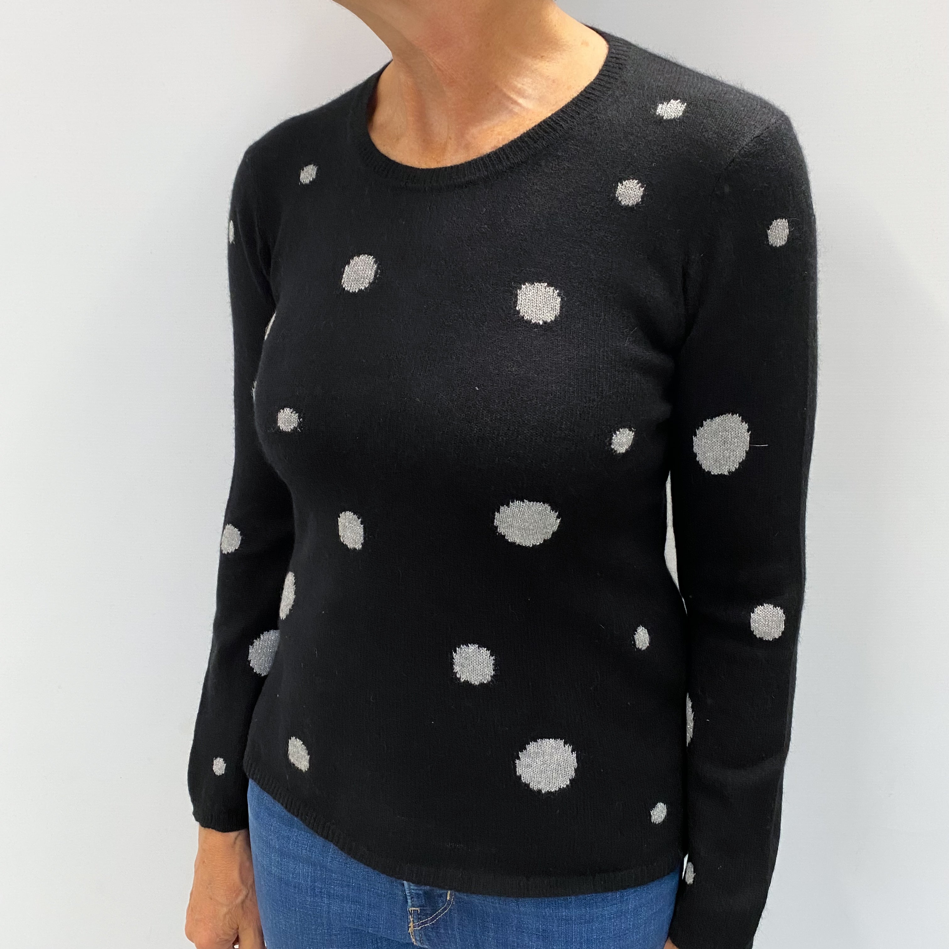 Black Polka Dot Cashmere Crew Neck Jumper Medium