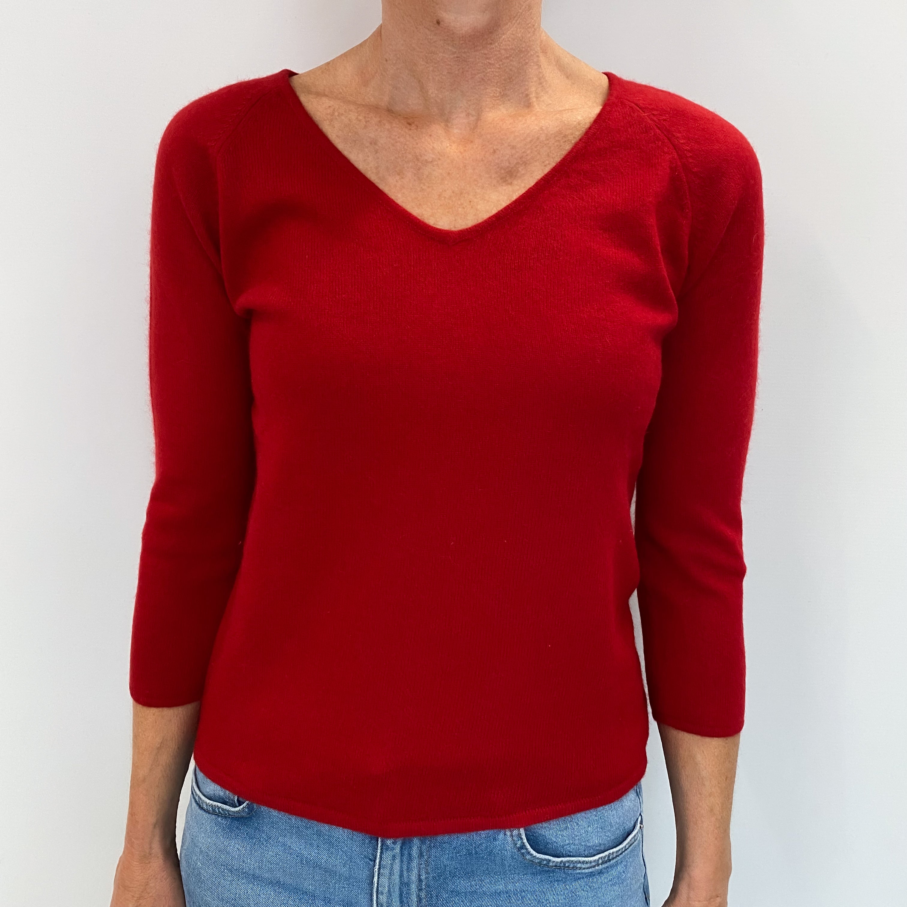Scarlet Red Cashmere V Neck Jumper Small