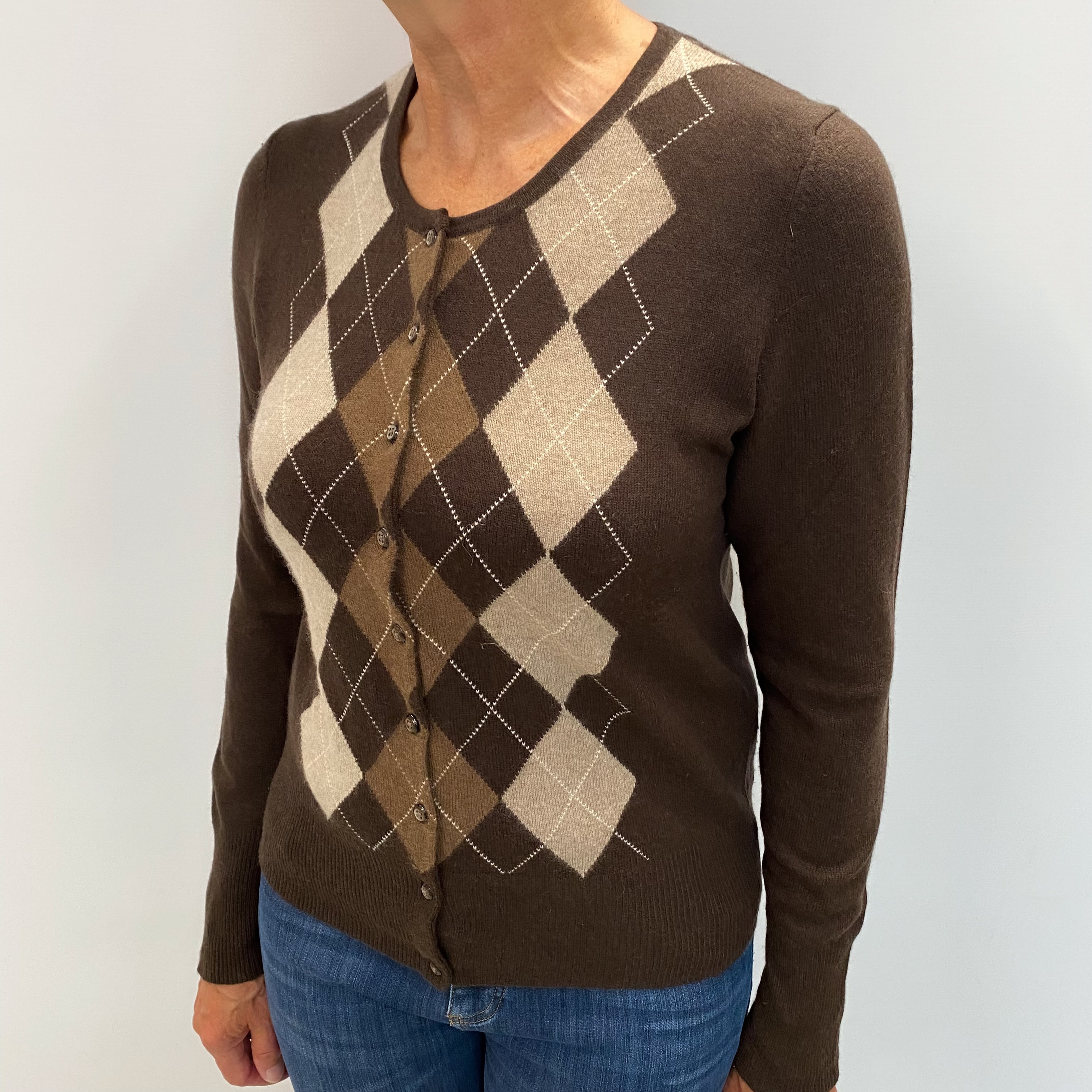 Peppercorn Brown Argyle Cashmere Crew Neck Cardigan Medium