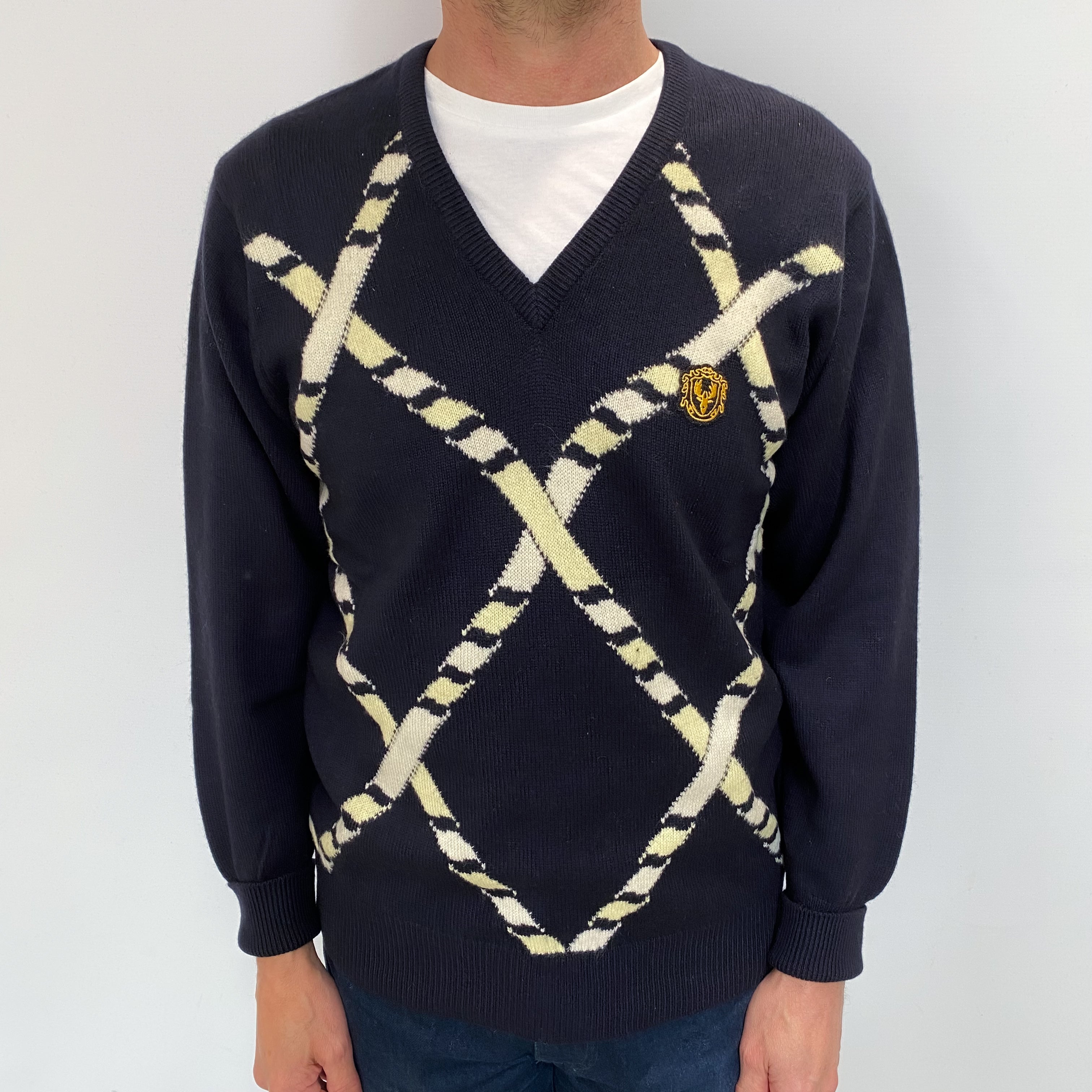 Men's Vintage Scottish Navy Diamond Cashmere V Neck Jumper Small
