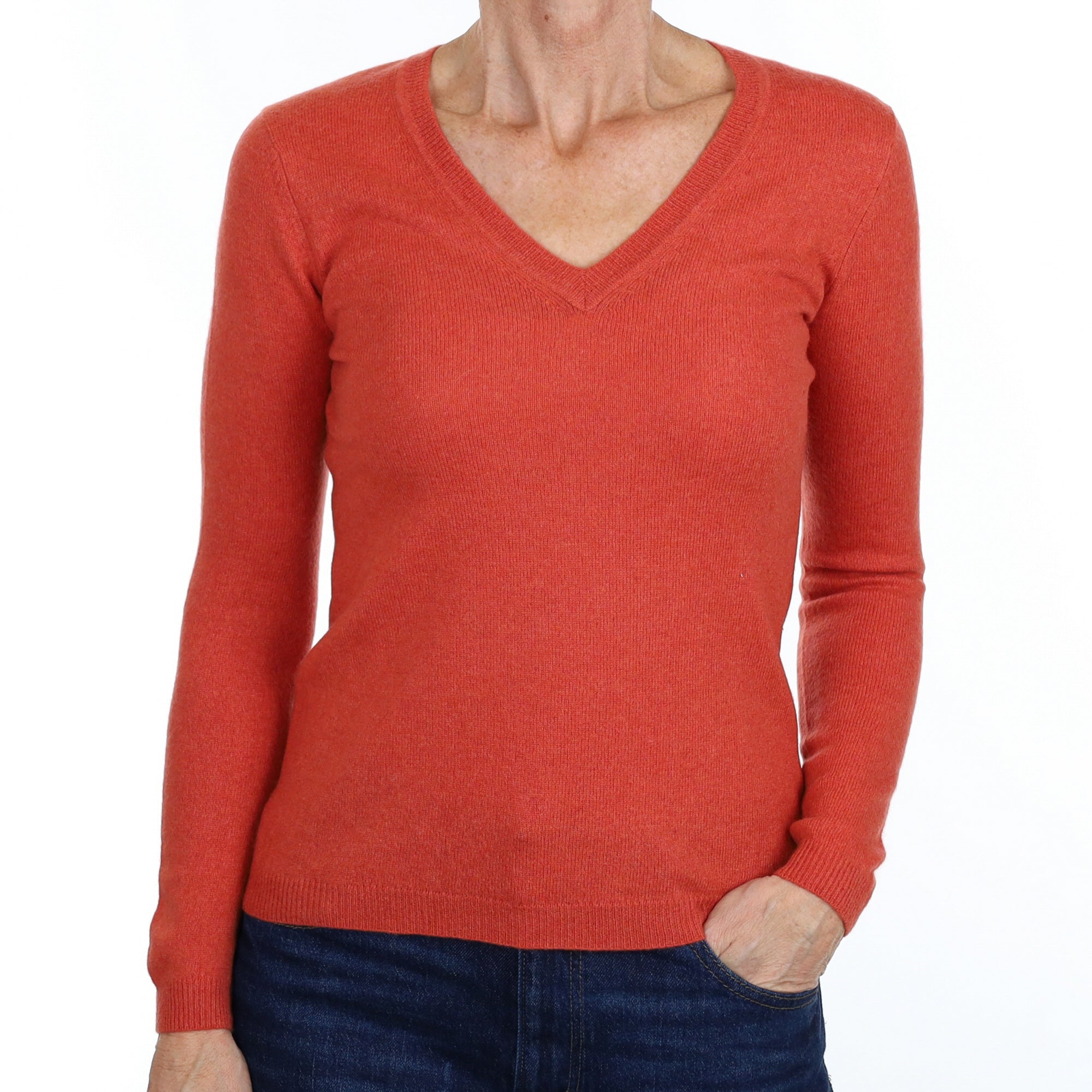 Burnt Orange Cashmere V Neck Jumper Small