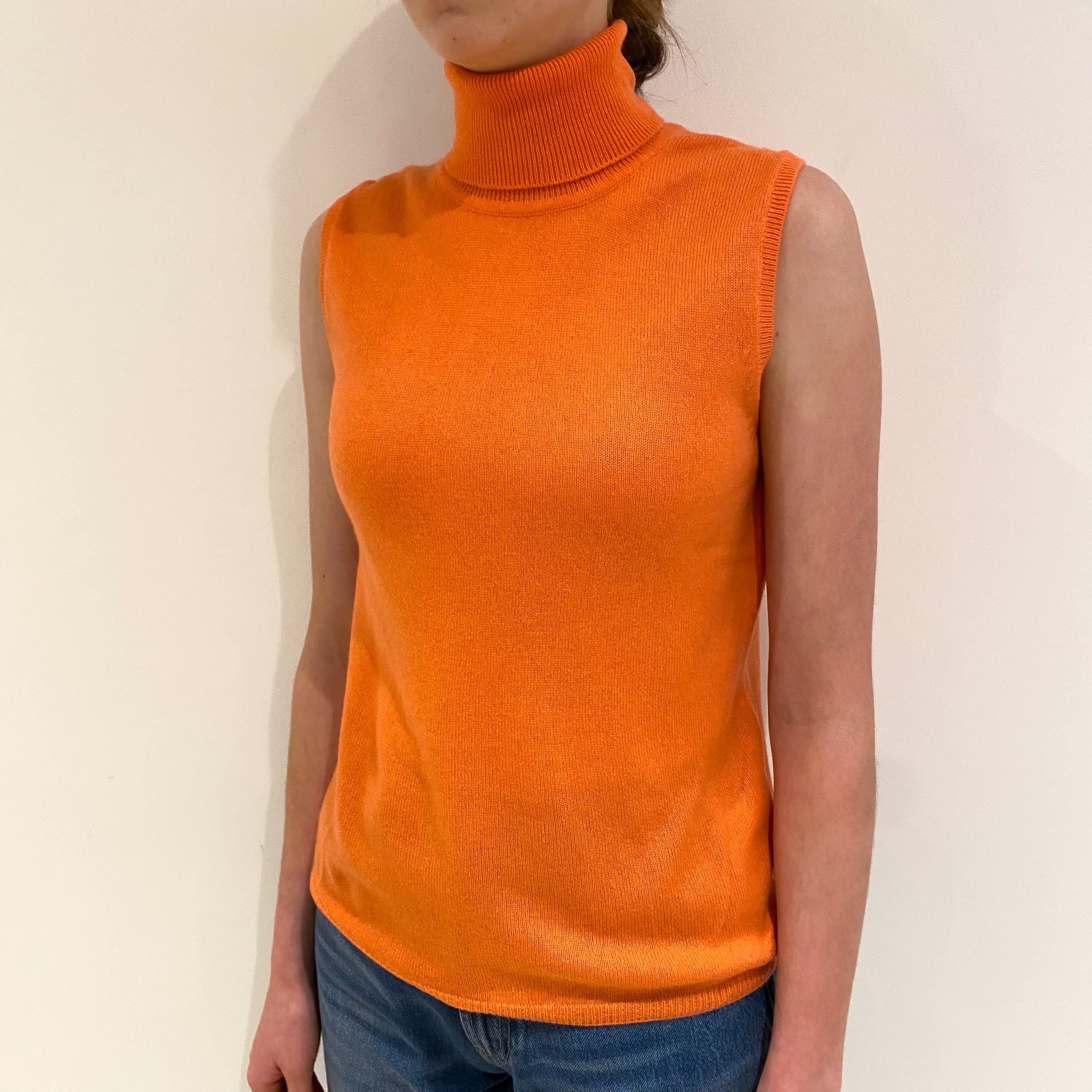 Crab Orange Cashmere Sleeveless Polo Neck Jumper Extra Small