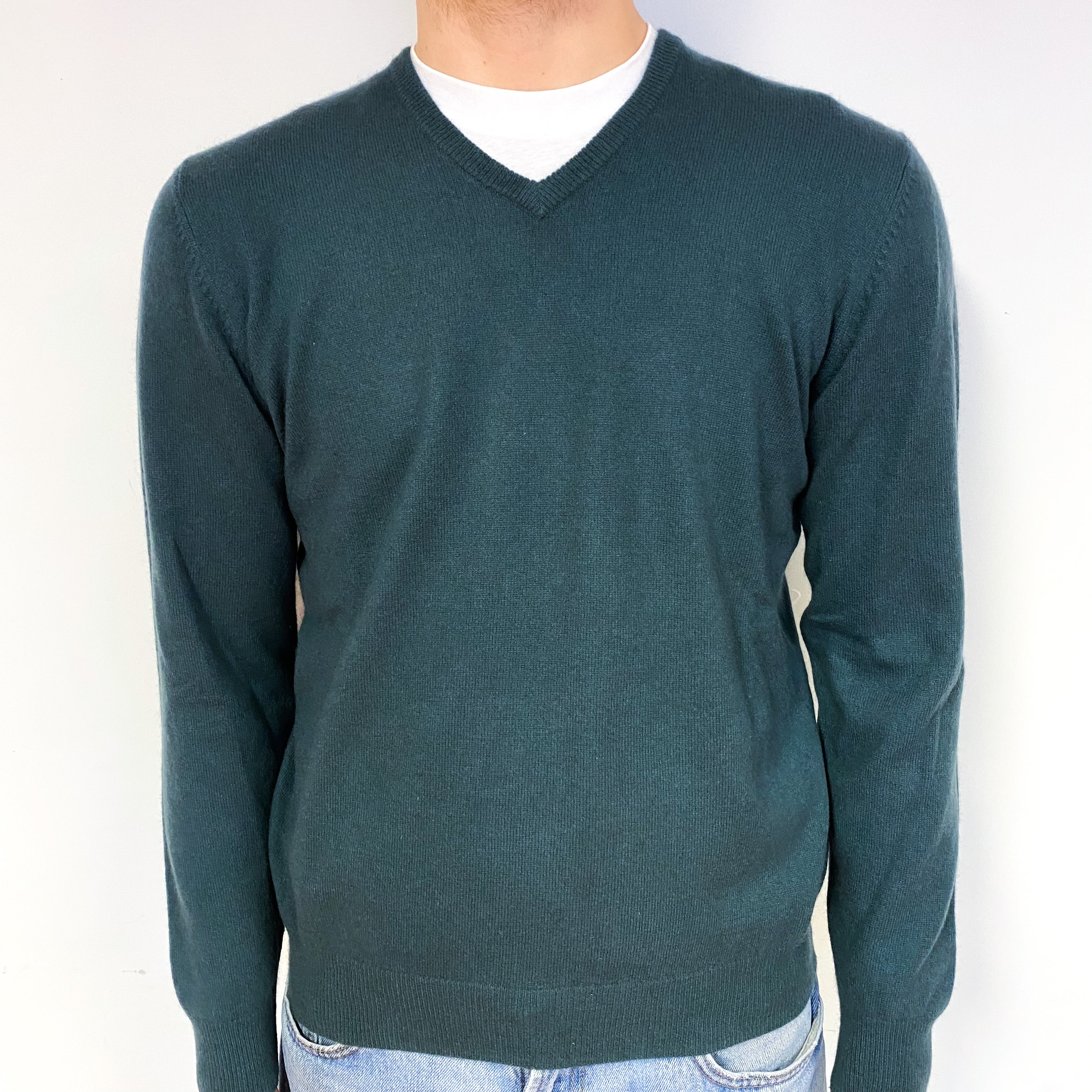 Men's Forest Green Cashmere V-Neck Jumper Medium