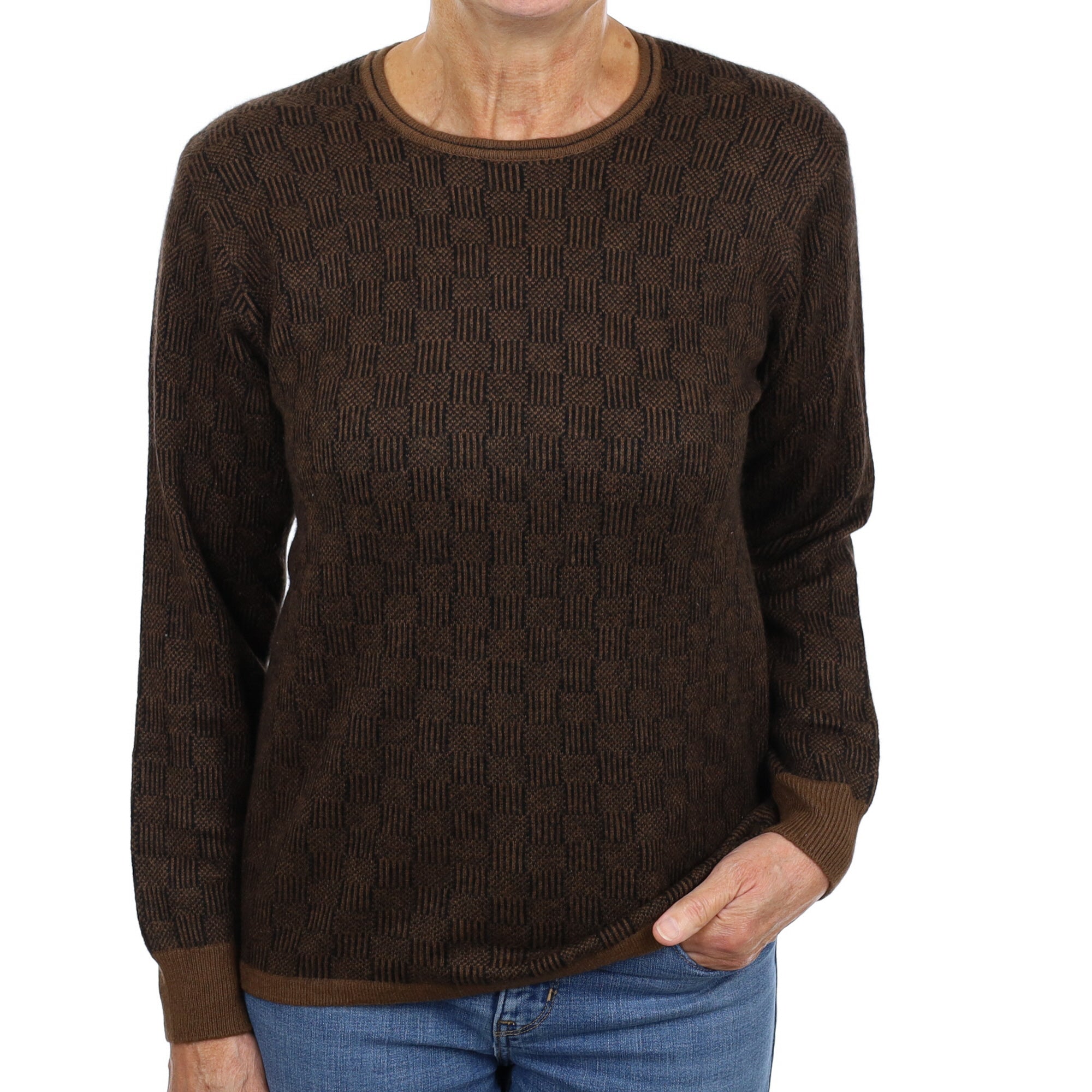 Brown Check Patterned Cashmere Crew Neck Jumper Medium