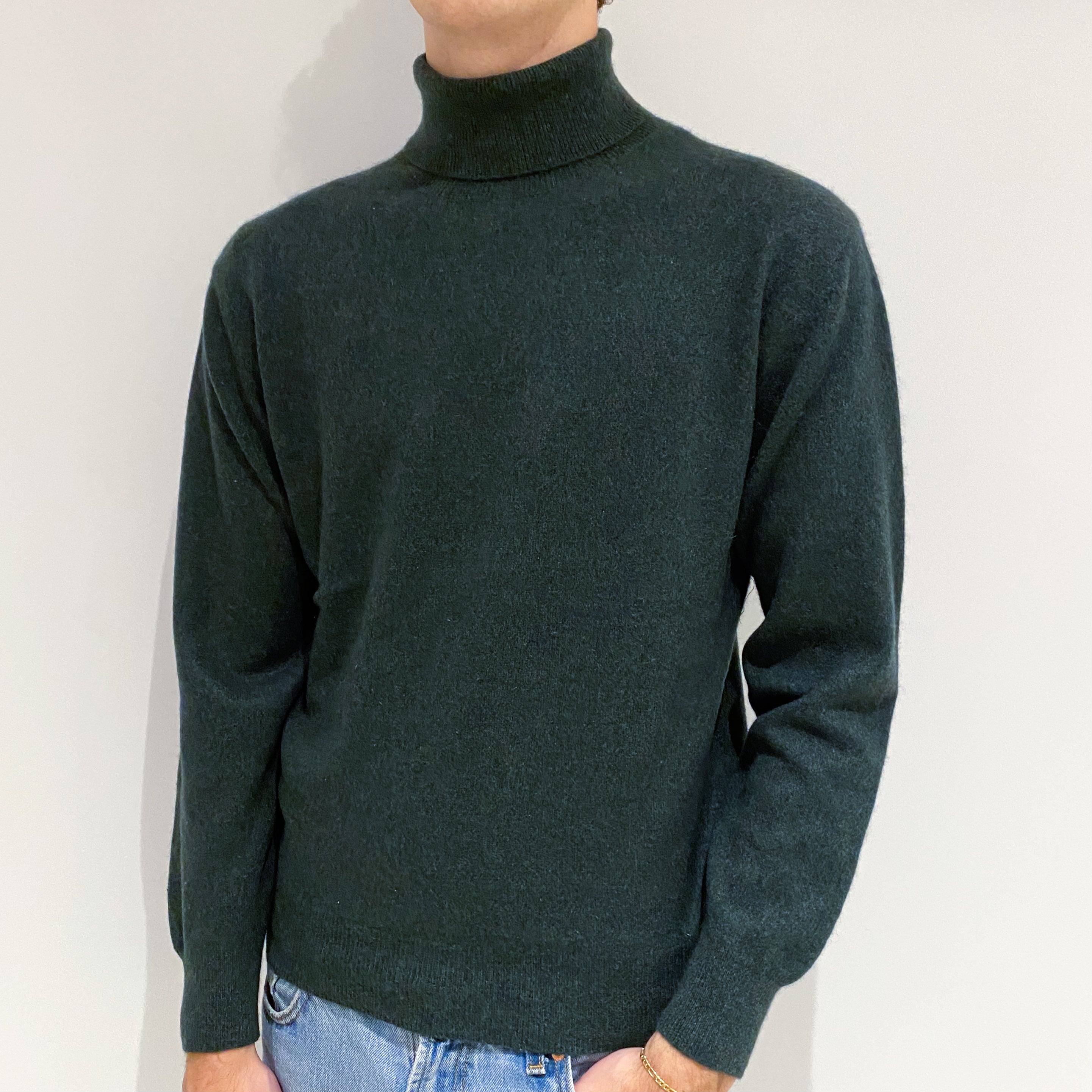 Men's Forest Green Cashmere Polo Neck Jumper Large