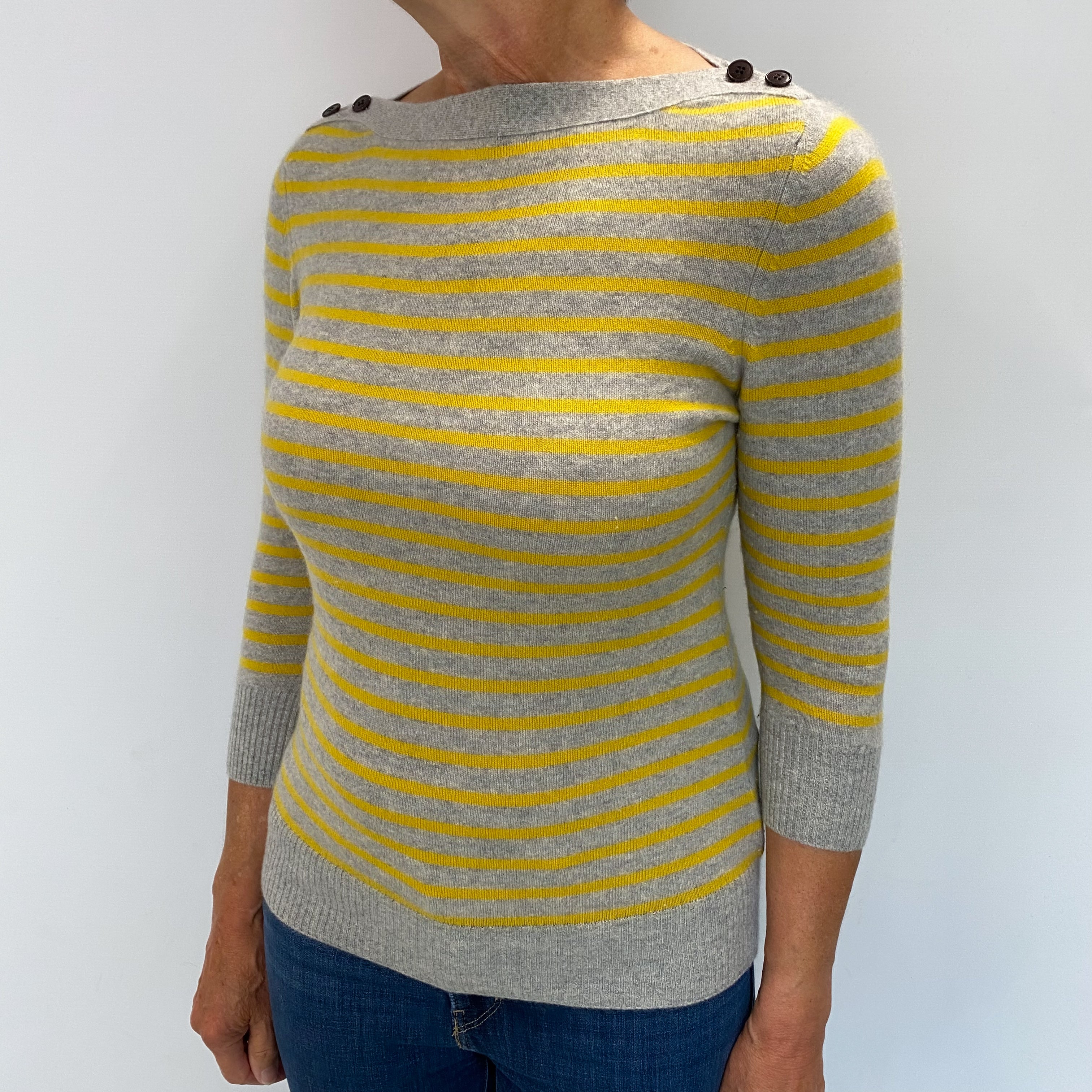 Smoke Grey And Yellow Striped Cashmere Boat Neck Jumper Medium