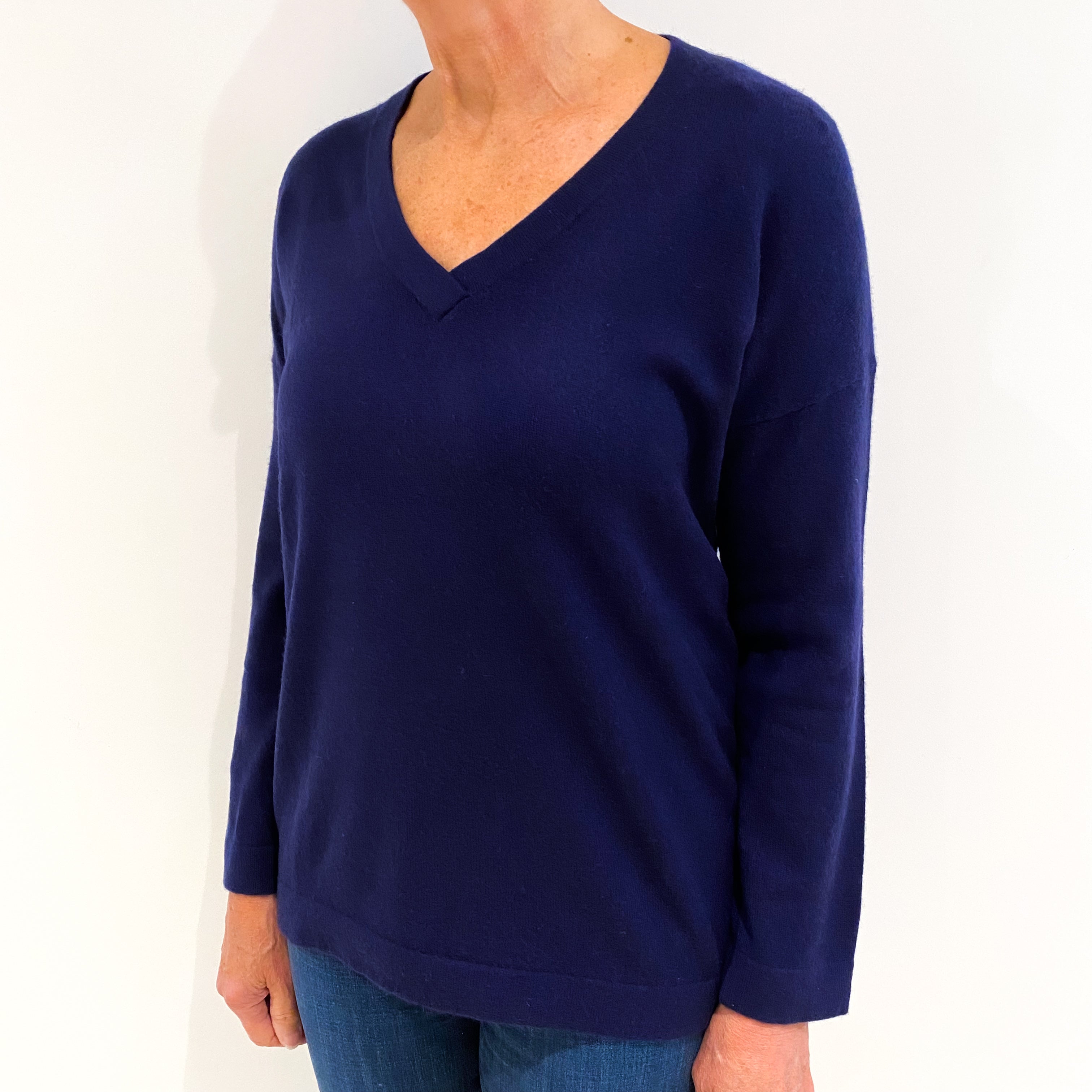 French Navy Blue Cashmere V-Neck Jumper Medium