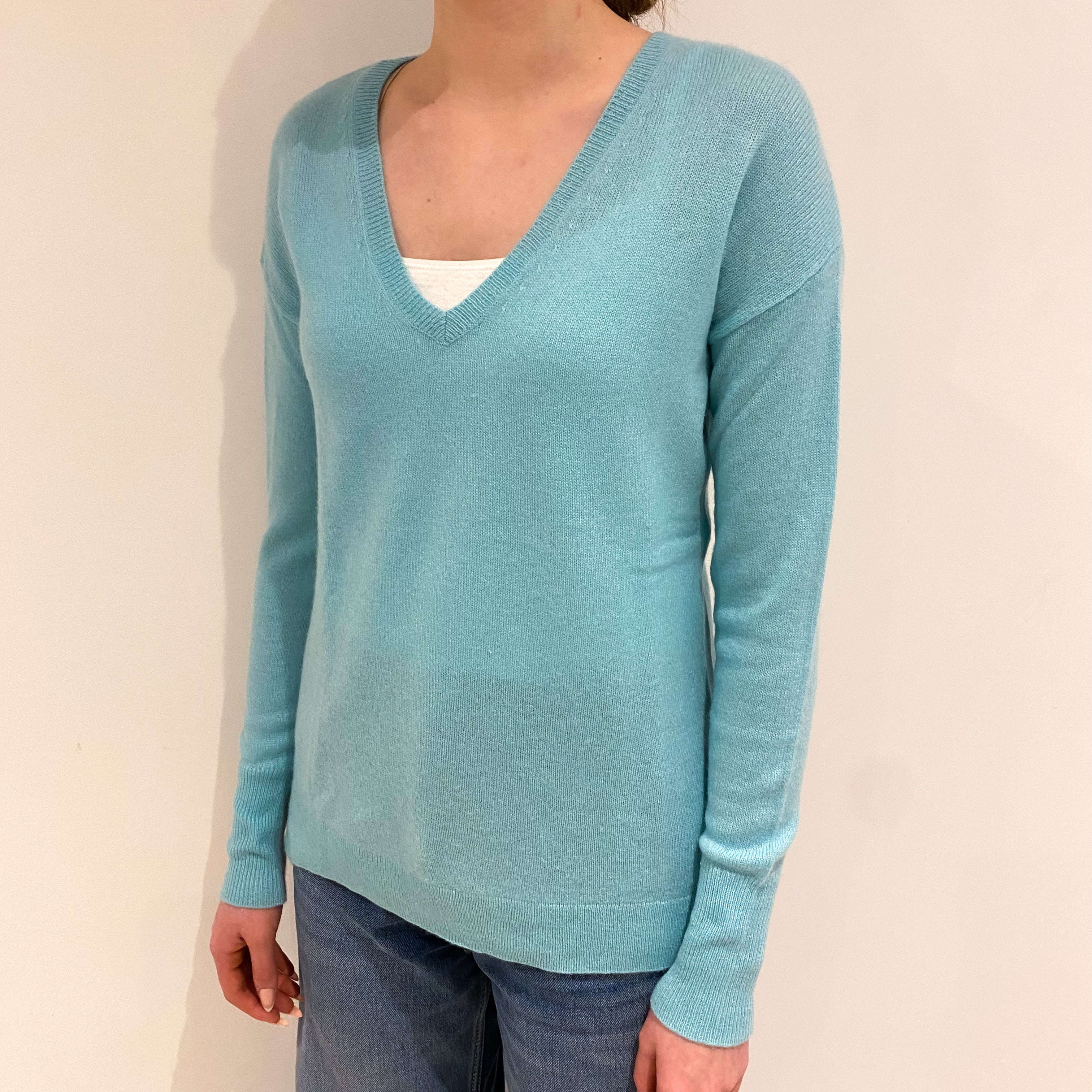 Mint Green Cashmere V Neck Jumper Extra Small