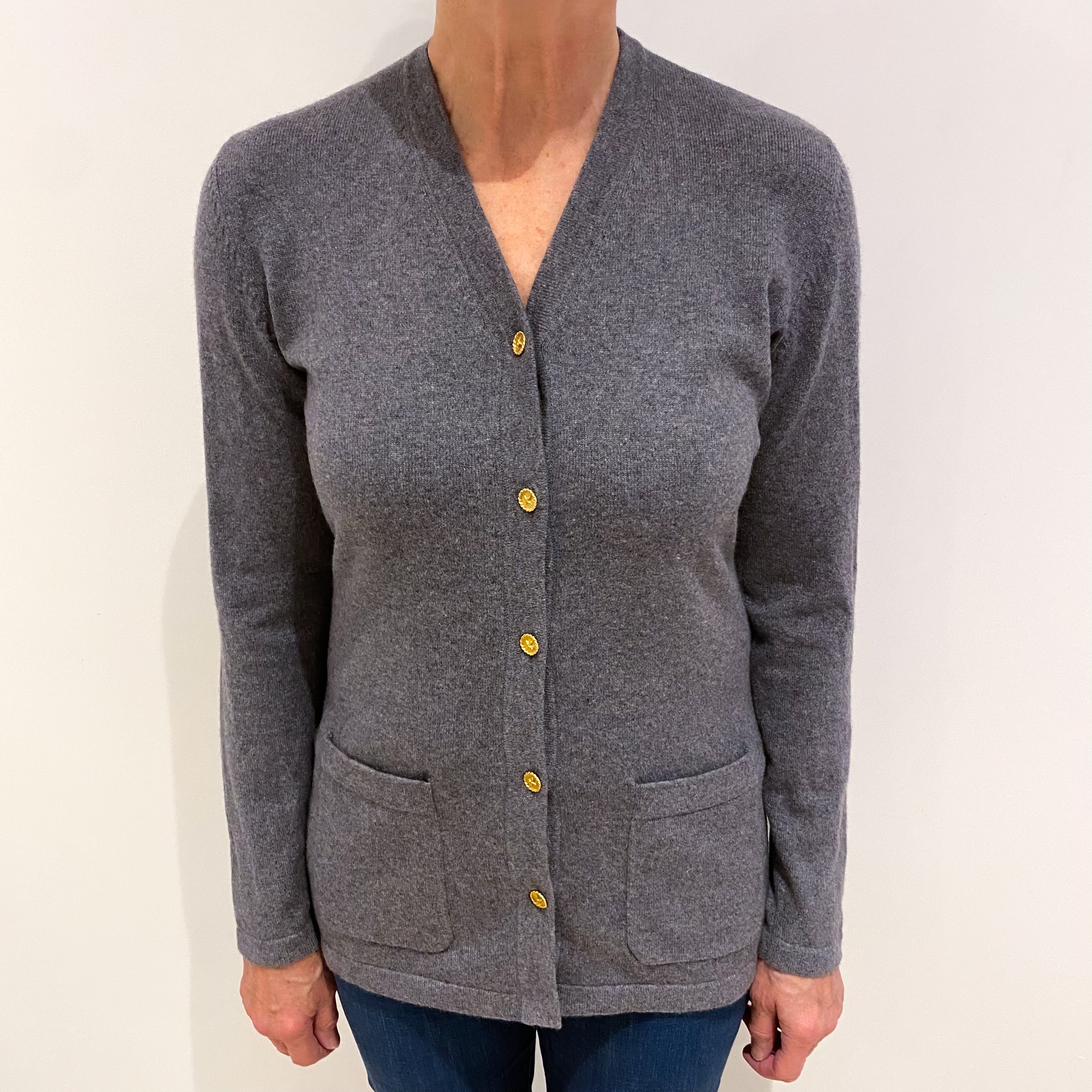 Ash Grey Cashmere V Neck Cardigan with Pockets Medium