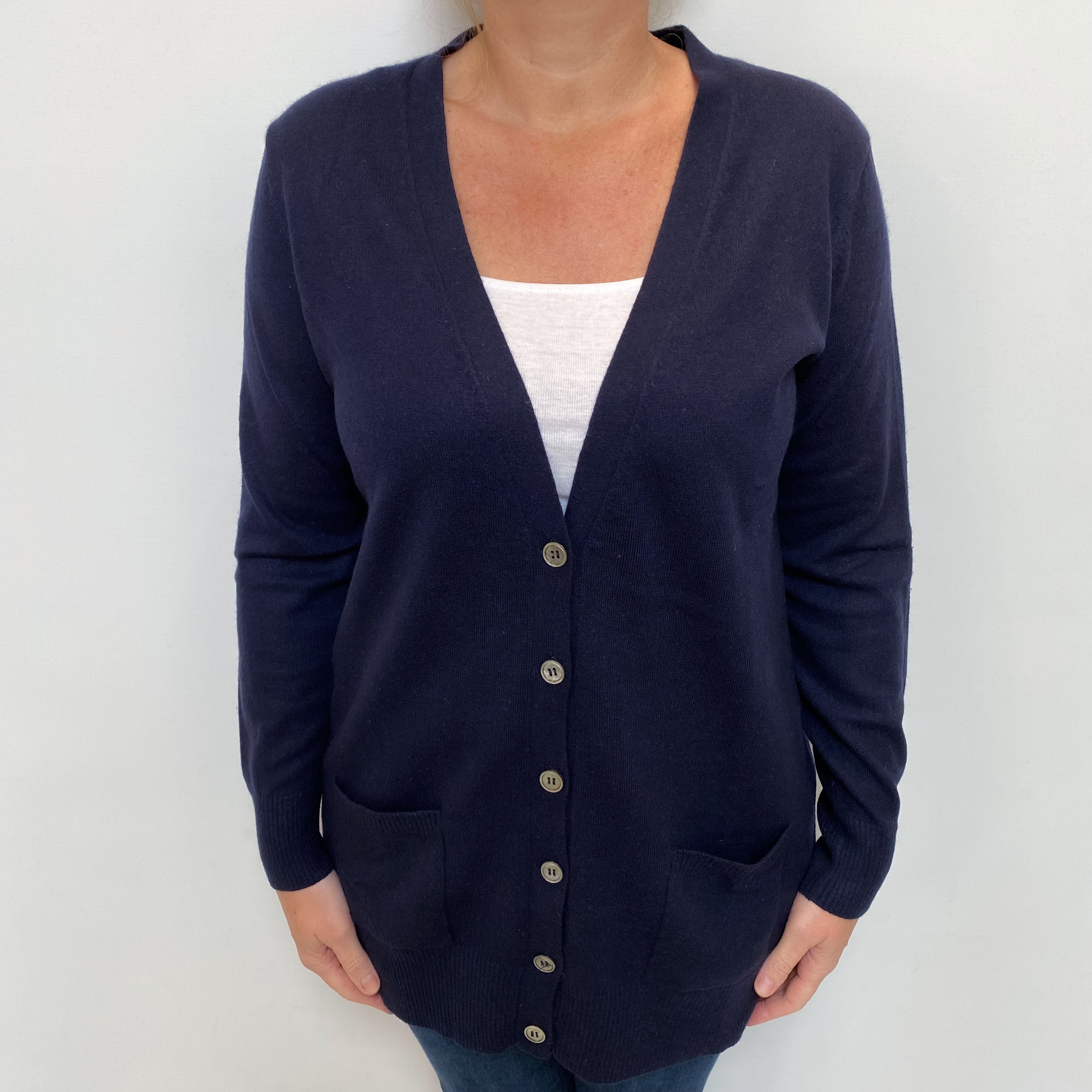 Navy Cashmere V Neck Cardigan with Pockets Large