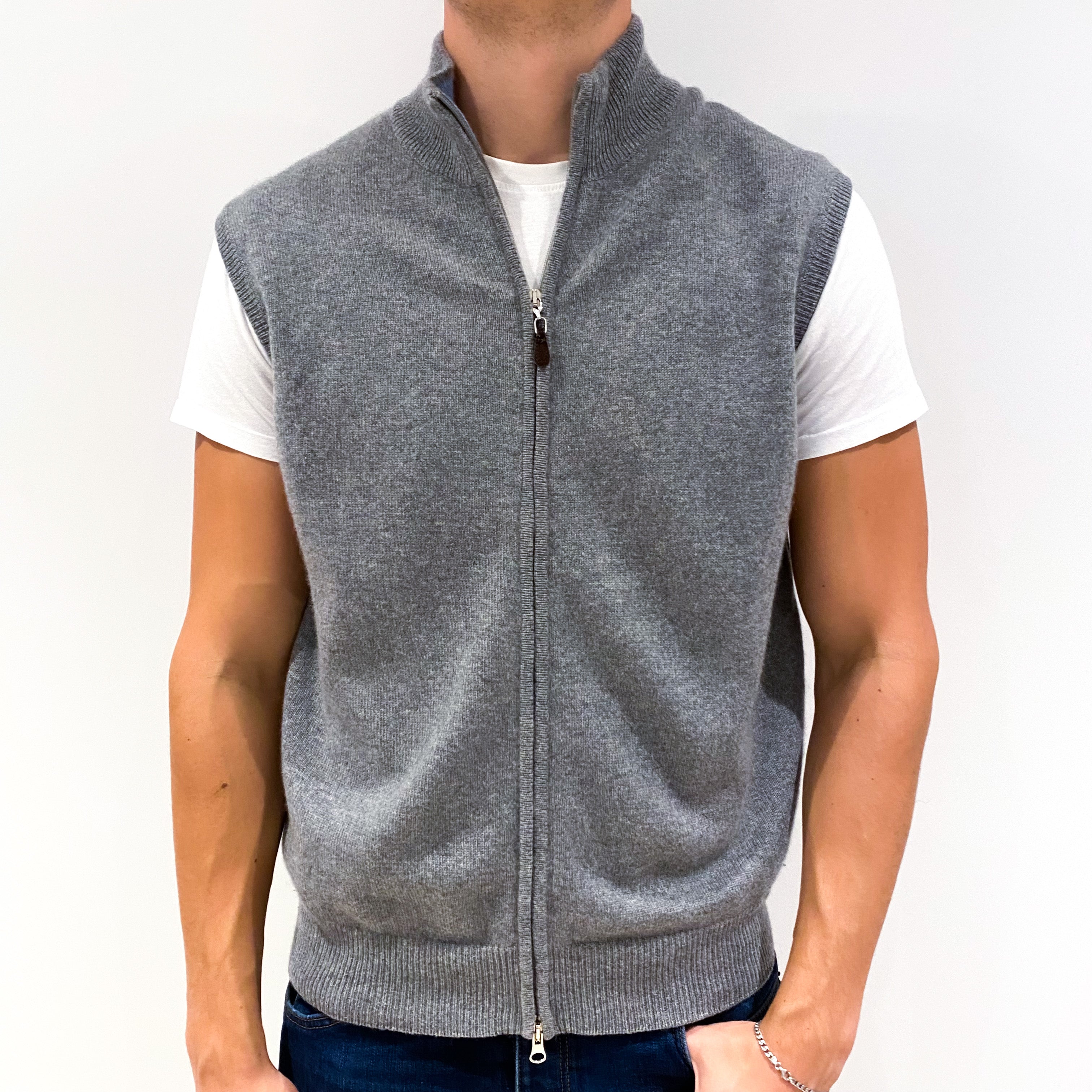 Men's Italian Smoke Grey Cashmere Sleeveless Zip Up Gilet Extra Large