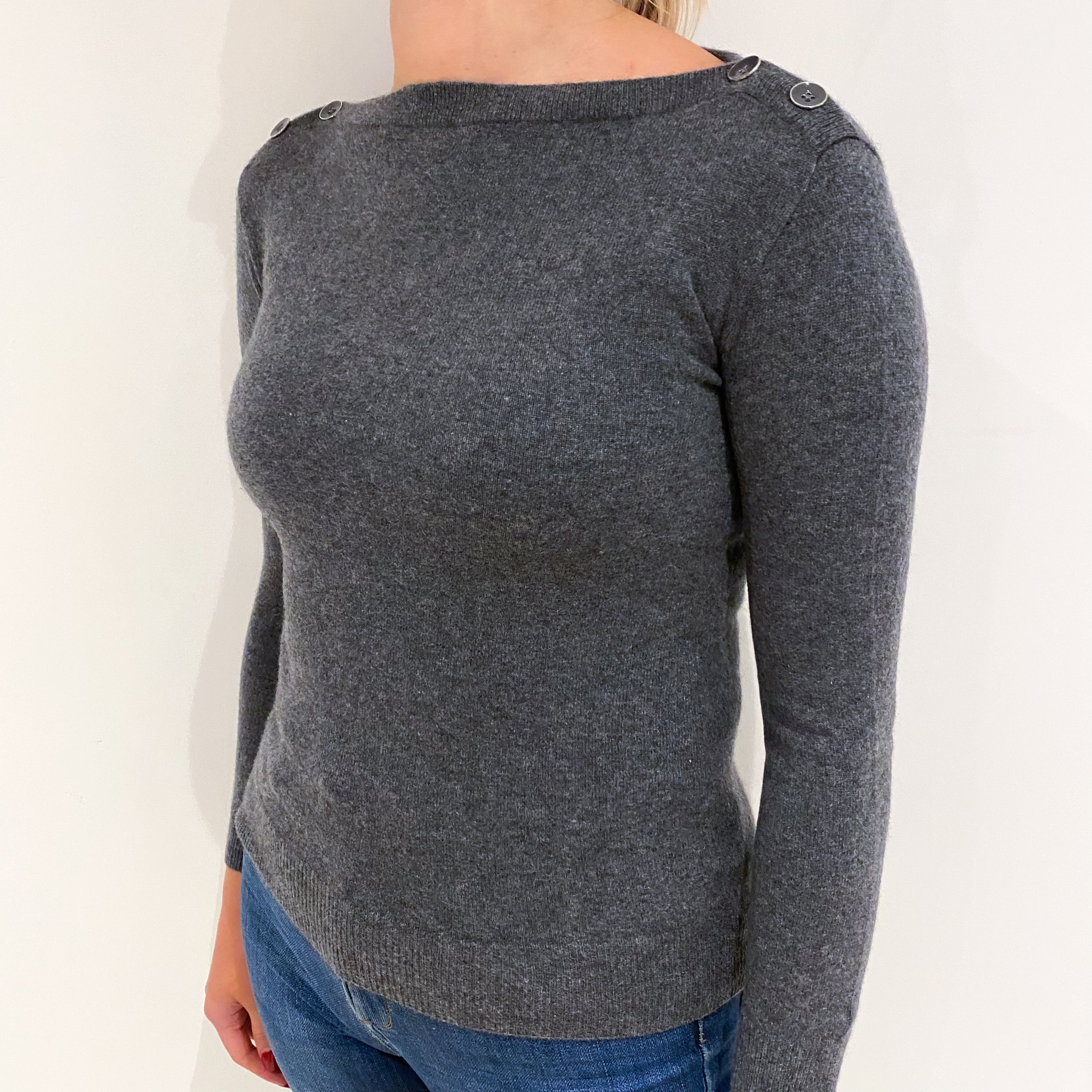 Slate Grey Cashmere Buttoned Slash Neck Jumper Small