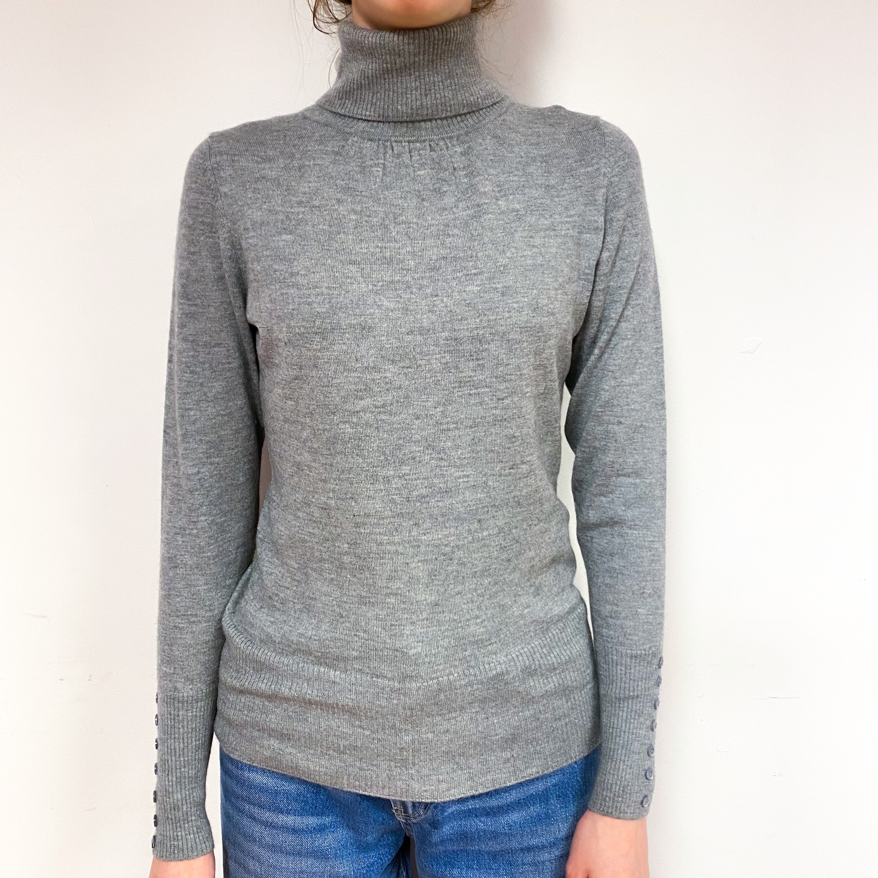 Steel Grey Fine Knit Cashmere Polo Neck Jumper Extra Small