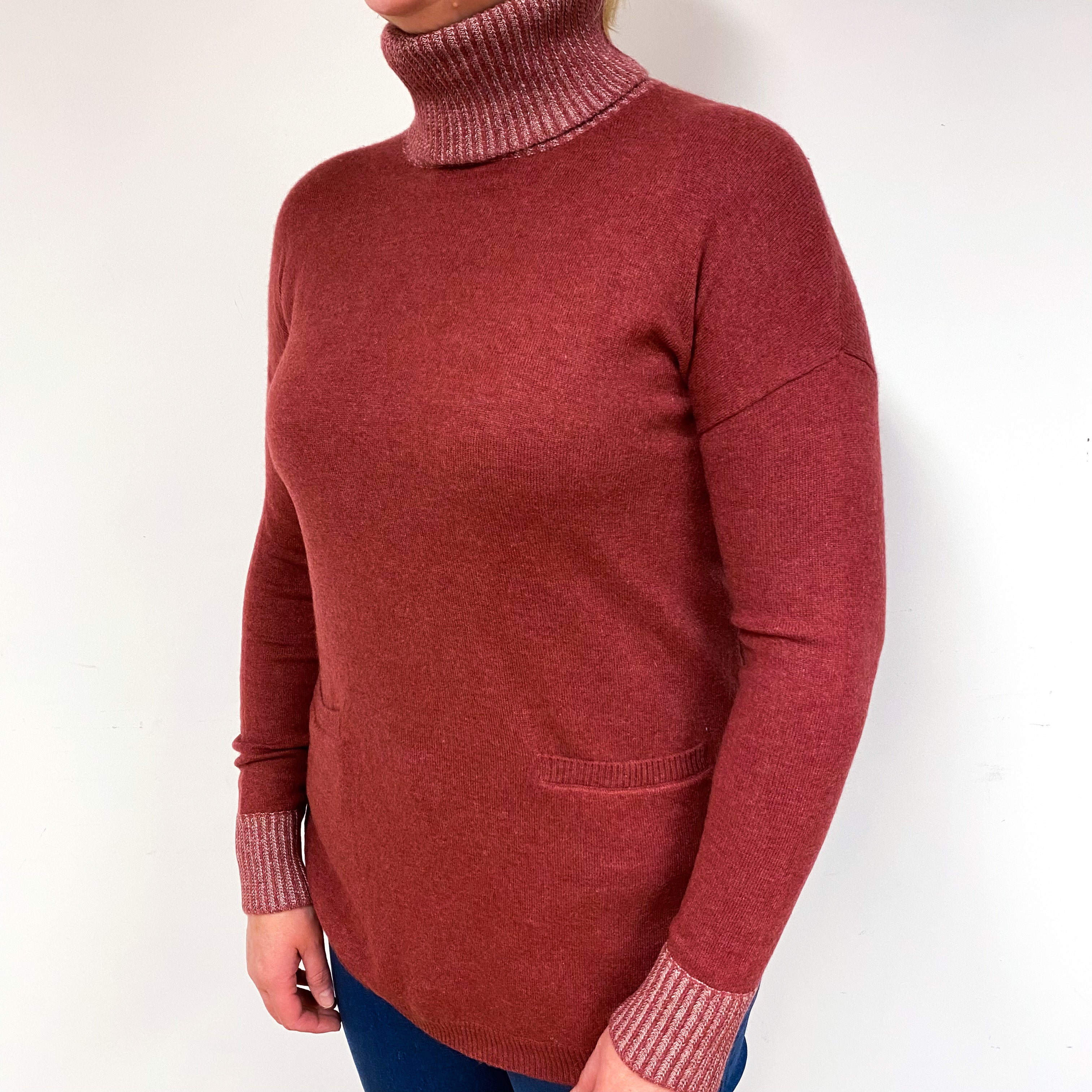 Terracotta Red Cashmere Polo Neck Tunic Jumper Large